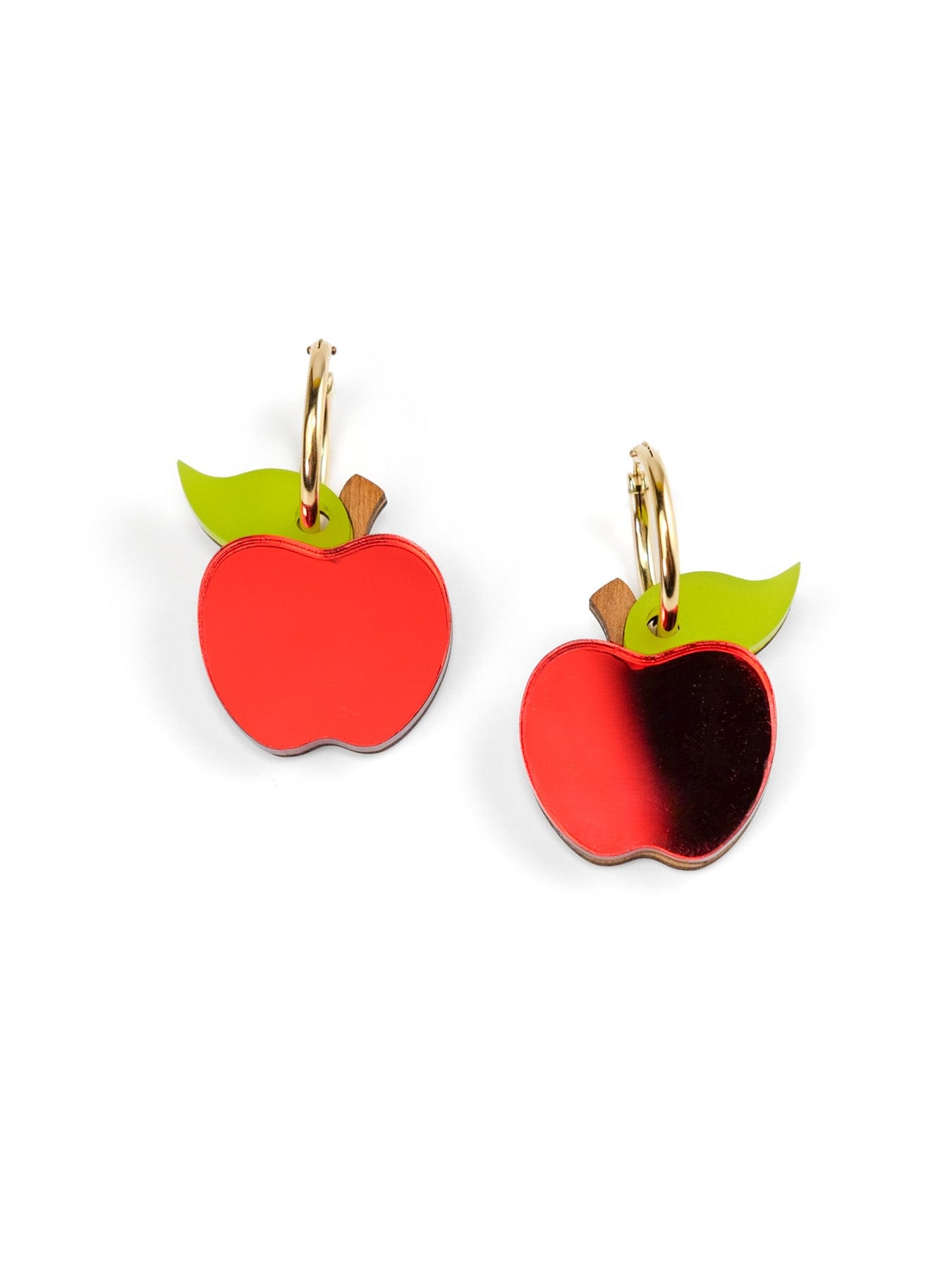 Apple dangle charms, shiny, airy, mirror-finish red with lime leaf and tiny brown stem #color_red-green