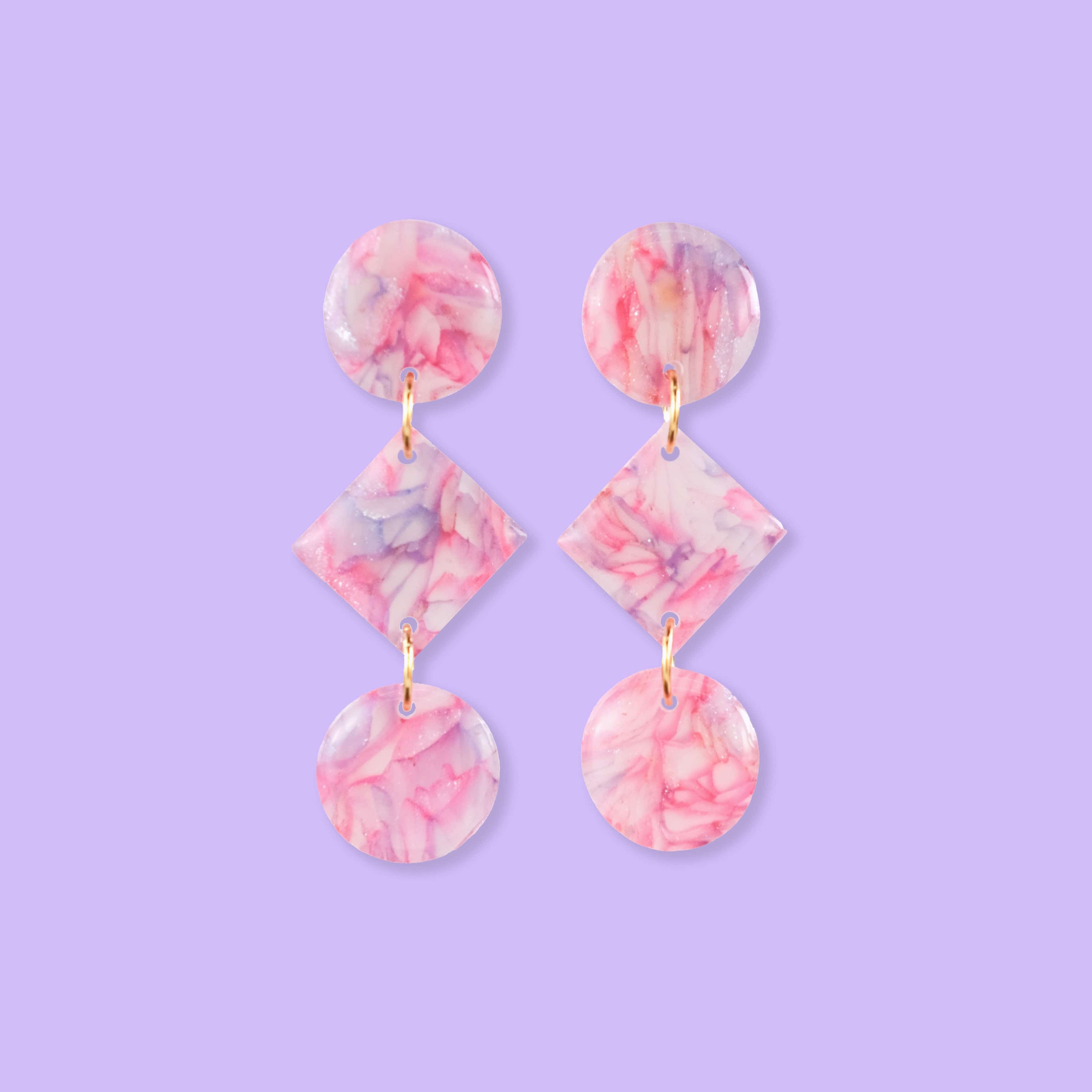 Marbled geometric dangly earrings lightweight pink purple and translucent