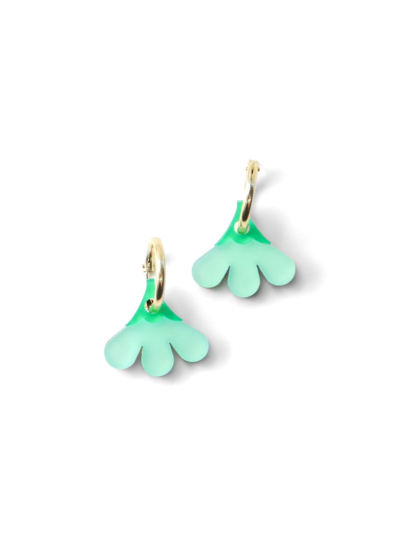Light green floral drop earrings, matte-translucent, airy, soft rounded lobes, gold hardware #color_light-green