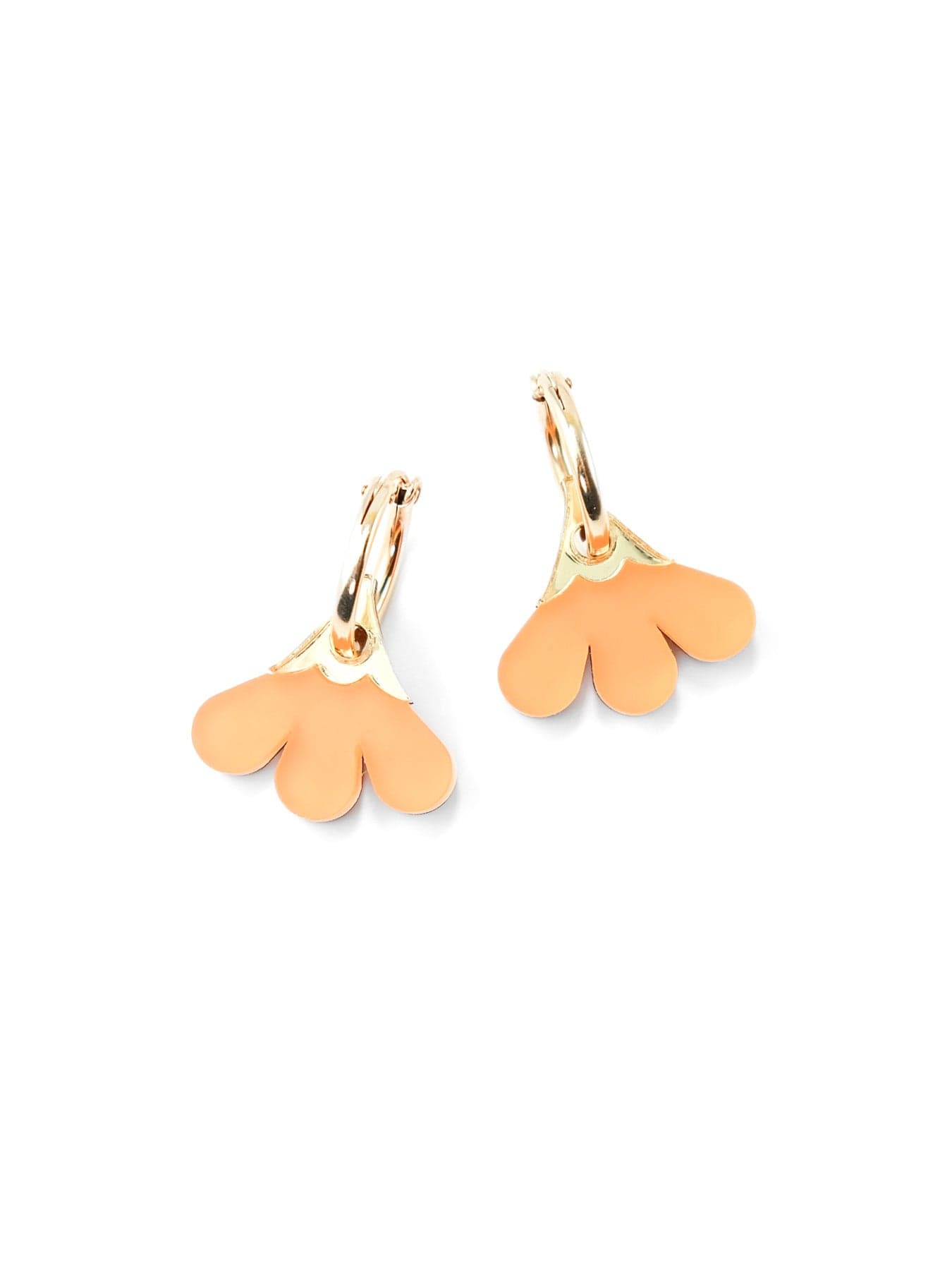 Orange mini flower drop charms, shiny, airy, scalloped gold top, petite three-petal blooms on gold hoops #color_orange-gold