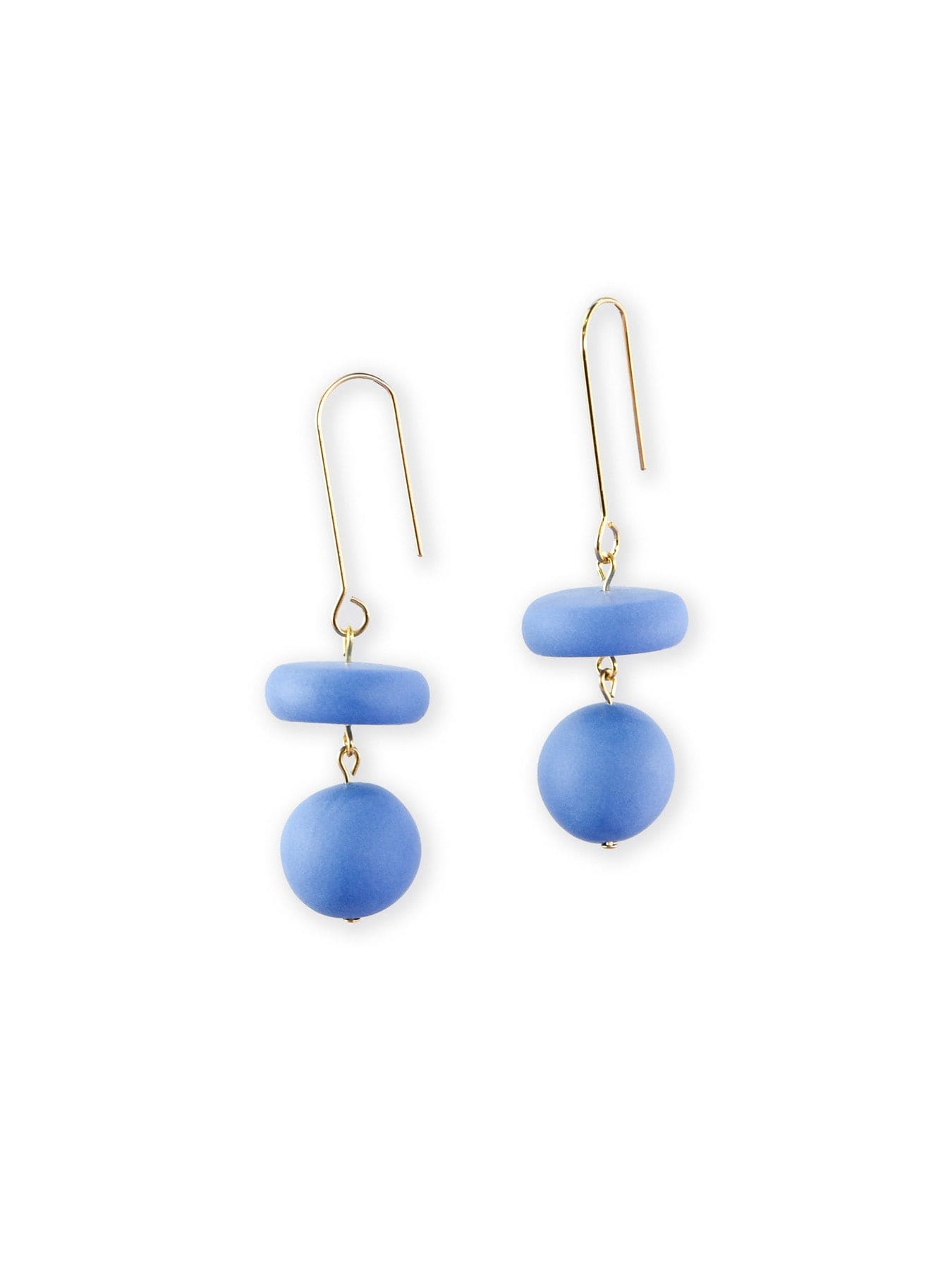 Blue two-bead drop earrings, smooth finish, airy, modern, oblong bar over sphere with gold hooks #color_blue-gold