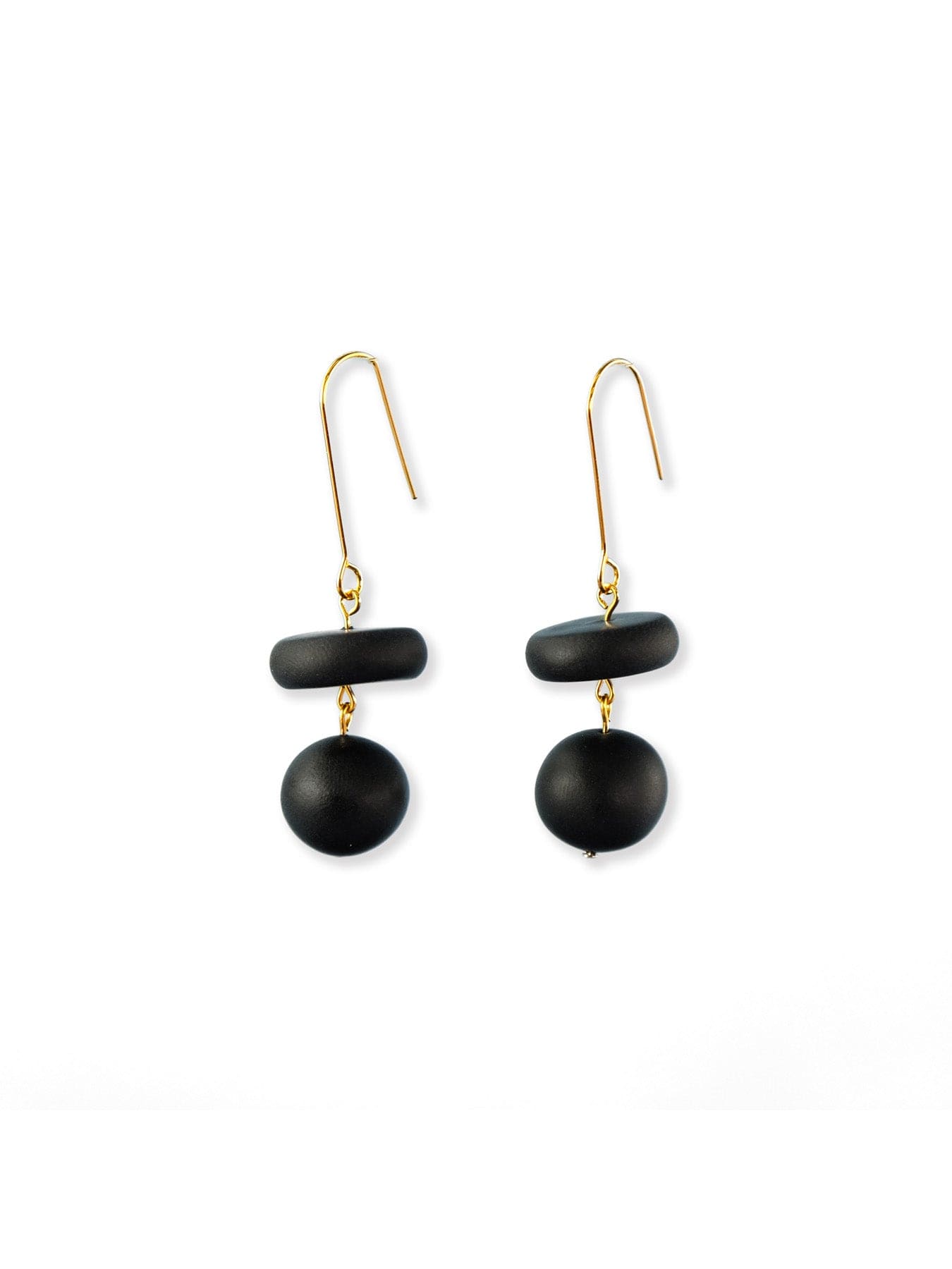 Black two-bead drop earrings, smooth finish, airy, modern, oblong bar over round bead with gold hooks #color_black-gold