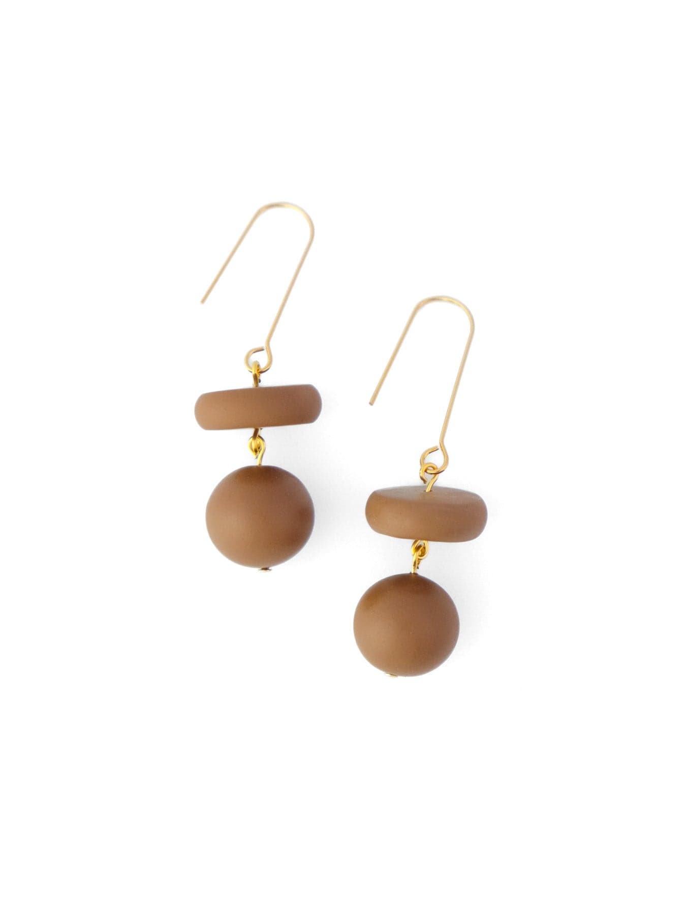 Brown speckled bead drop earrings, matte, lightweight, minimalist, stacked disk and sphere on gold hooks #color_brown