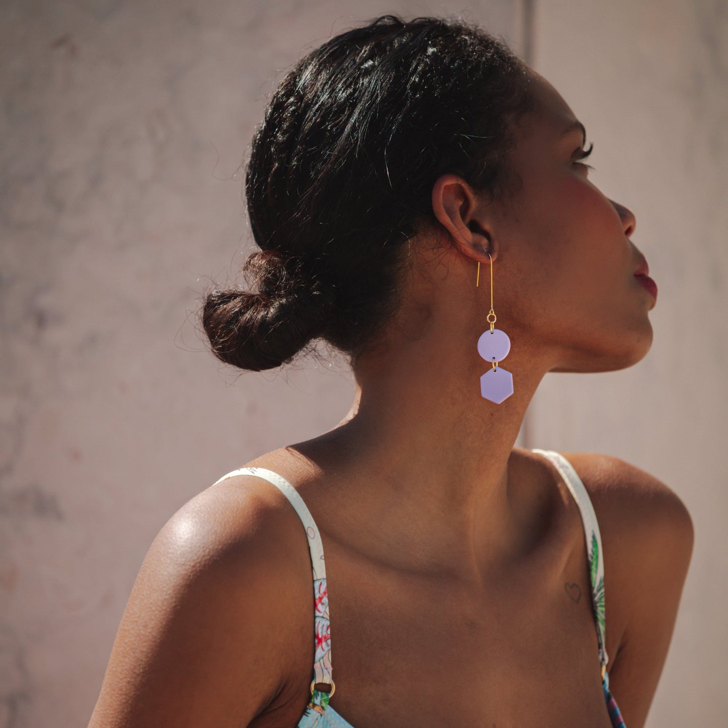 Elegant, elongated and lightweight Belle Dangles geometric dangly earrings in lavender #color_lavender