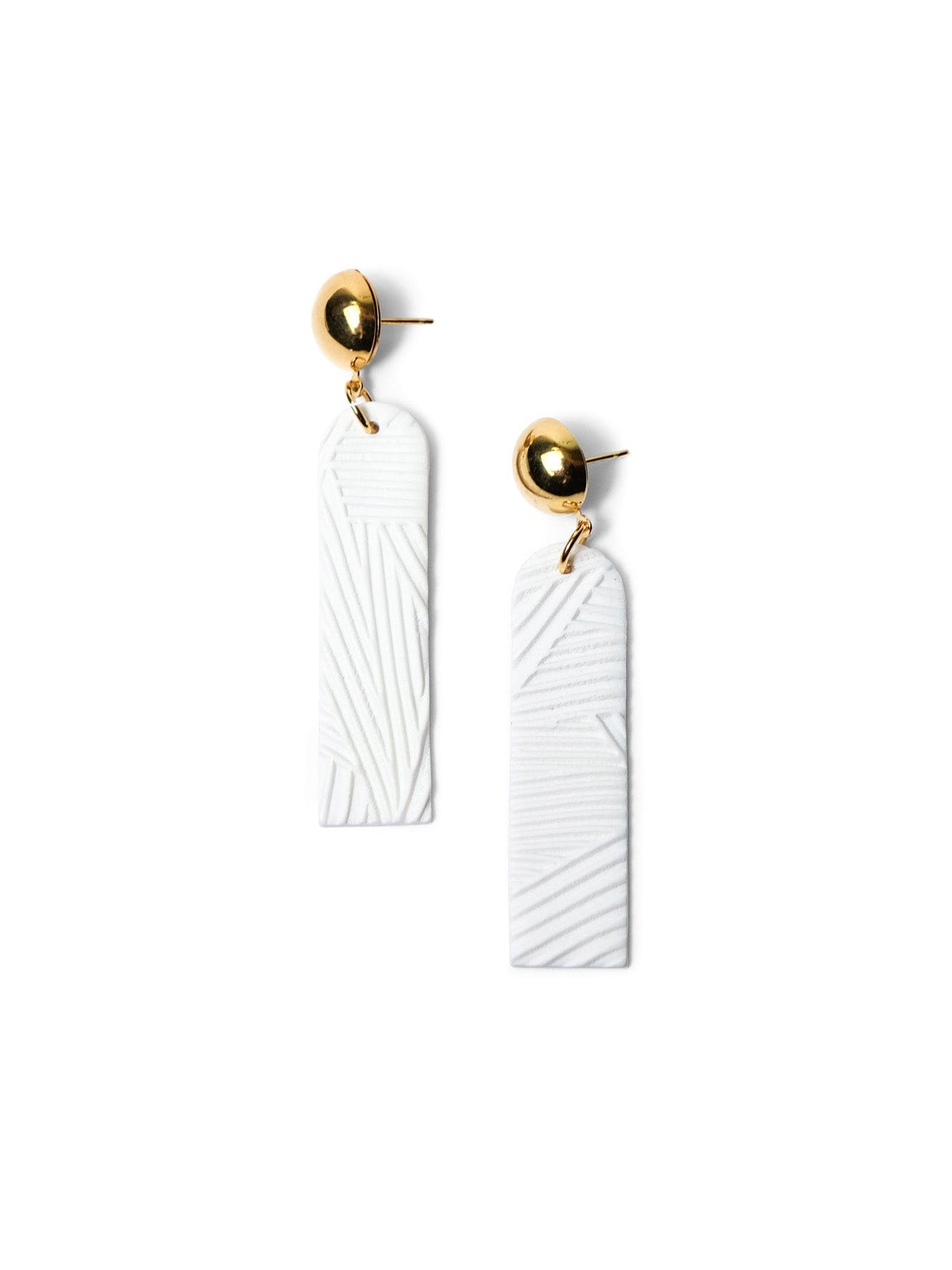 White textured bar earrings, matte embossed polymer rectangles on polished dome gold studs, lightweight and modern #color_white-gold