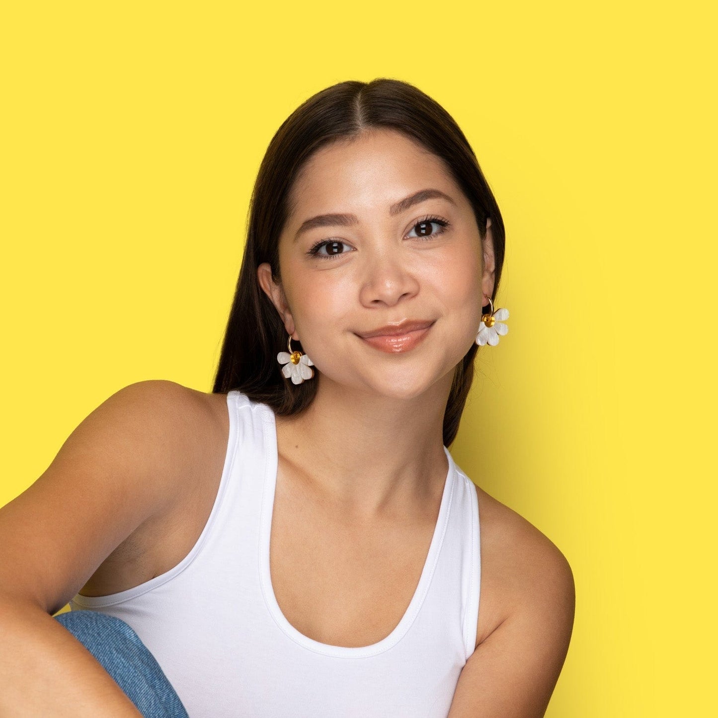 Daisy earrings on gold-filled hoops #color_marbled-white