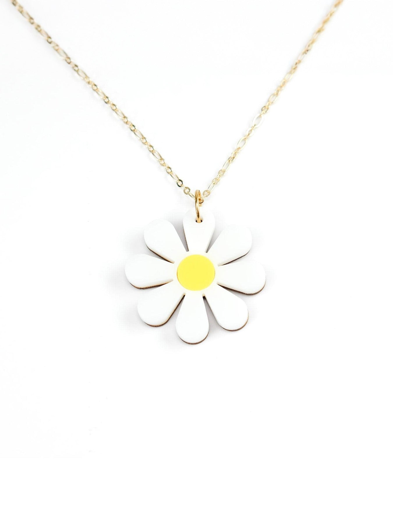 White daisy necklace, glossy, lightweight, cheerful, yellow center on gold chain #color_white-yellow