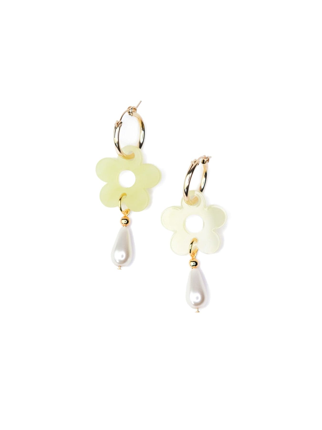 Retro jade floral earrings, polished, airy, playful, cutout petals and pearly teardrop on gold hoops #color_jade