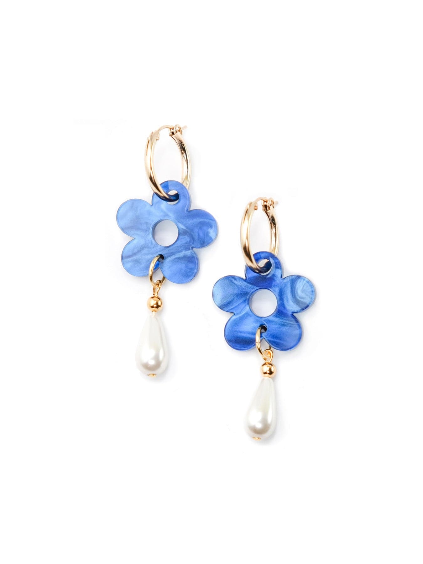 Marbled blue daisy hoop earrings with teardrop pearls, glossy, lightweight, playful, gold hoops #color_blue-white-gold