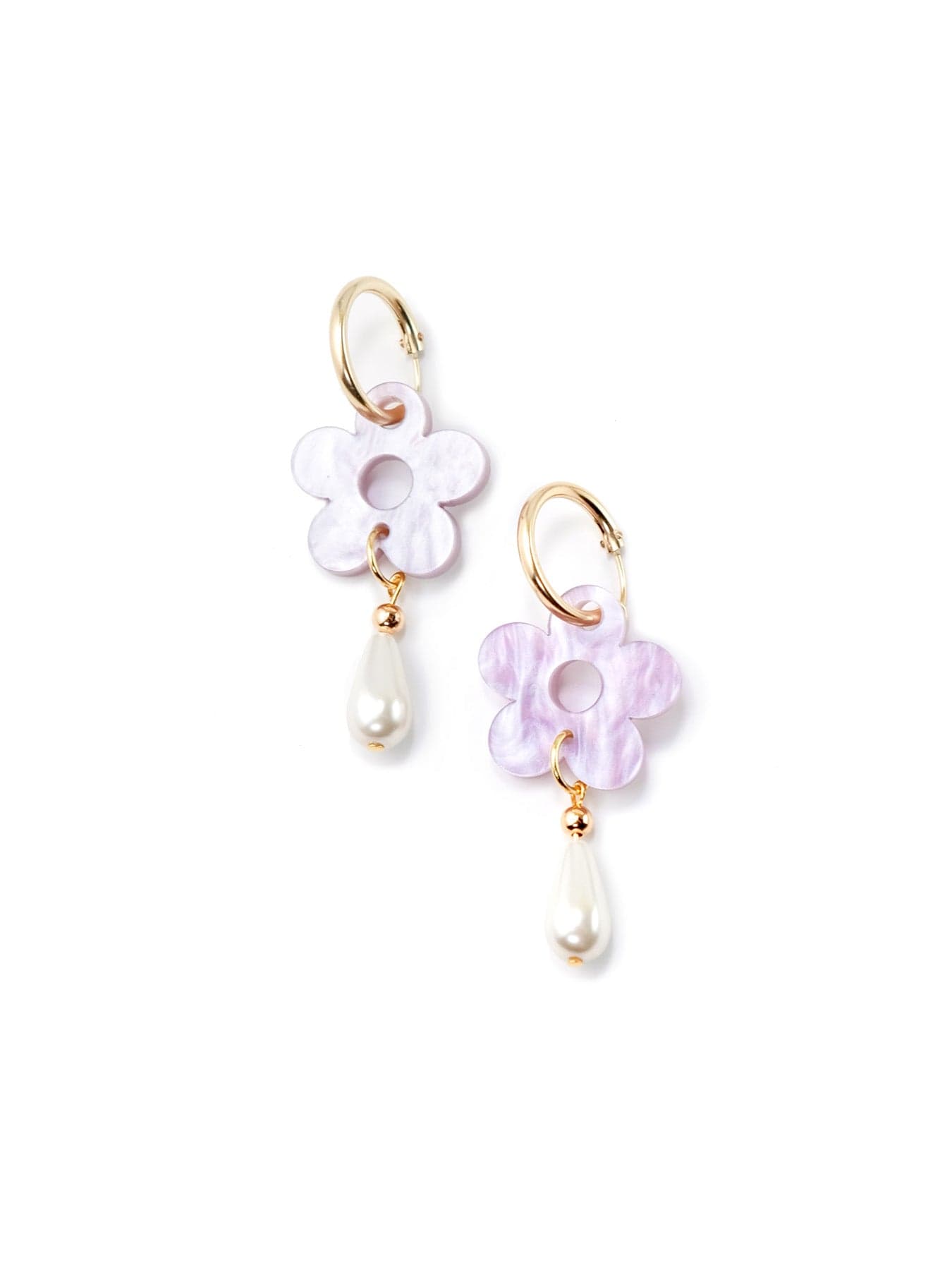 Lavender daisy earrings, smooth, shimmery, airy, open-center petals with pearl drop #color_lavender