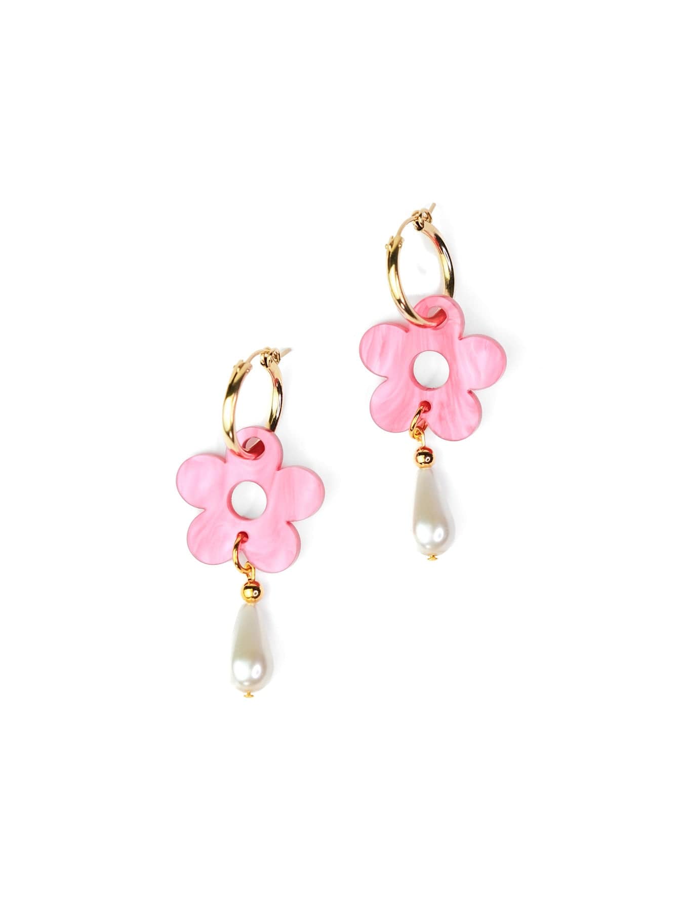 Pink flower hoop earrings, glossy, marbled, lightweight, teardrop pearl dangle on gold hoops #color_pink