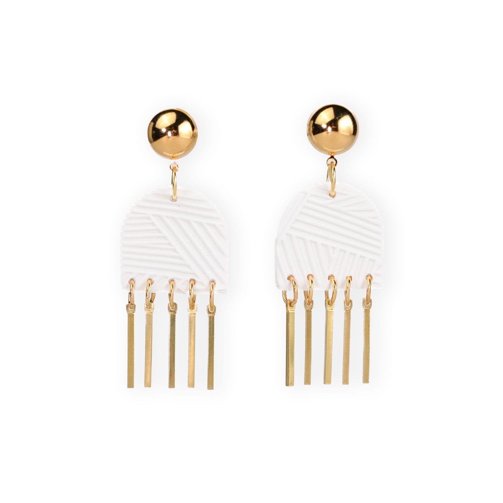 Dancing Domes dangly earrings in white and gold #color_white-textured-lines