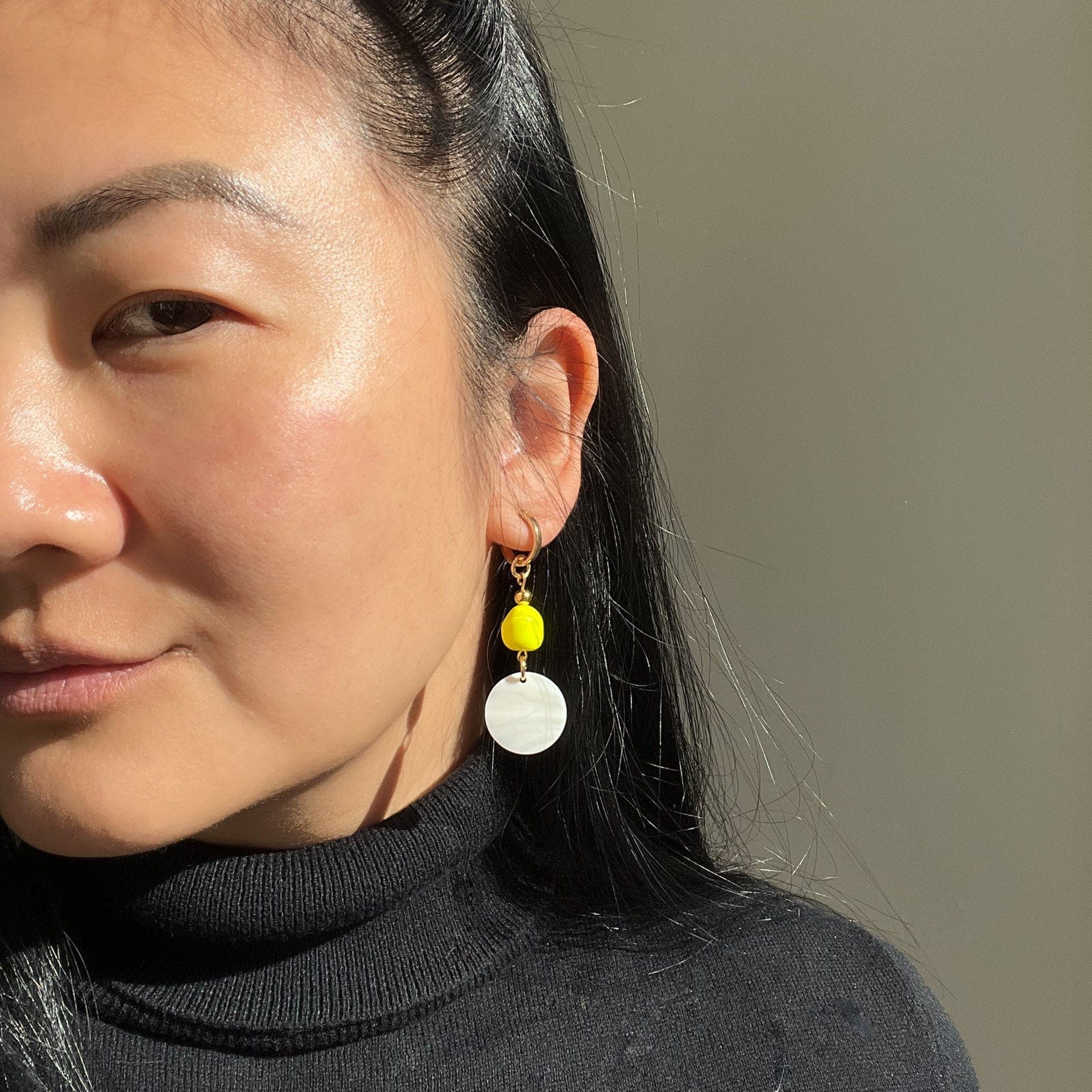 Neon yellow and pearl hoop earring charms