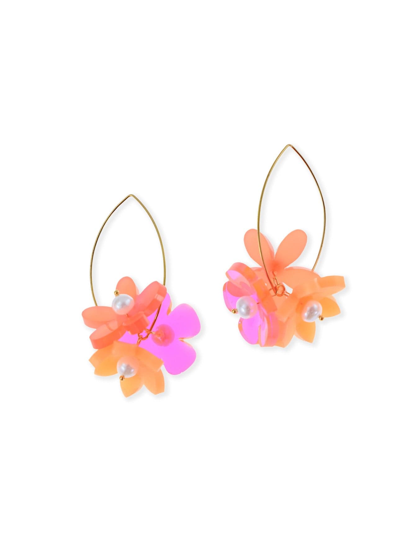 Fluorescent flowerball dangles, shiny, airy, stacked acrylic petals with pearls, gold teardrop hoops #color_neon-orange-pink