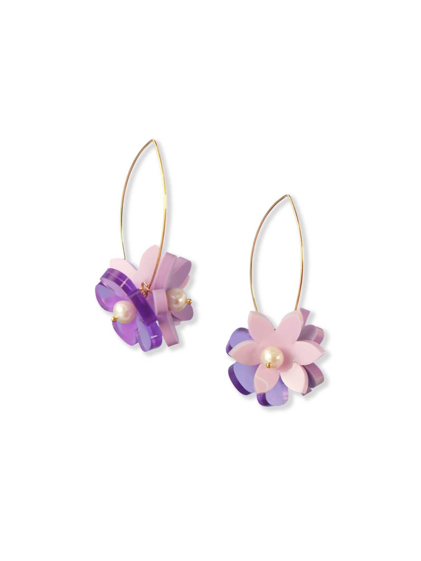 Lavender flower cluster earrings, glossy, lightweight, translucent, layered petals with pearl centers on gold marquise wires #color_lavender