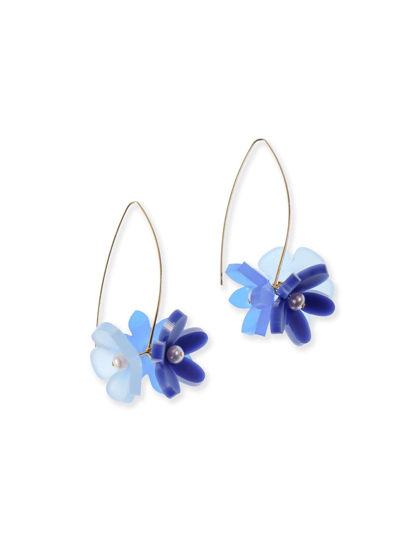 Layered blue flower earrings, translucent petals, airy, modern marquise hoops, tiny pearl accents #color_blue