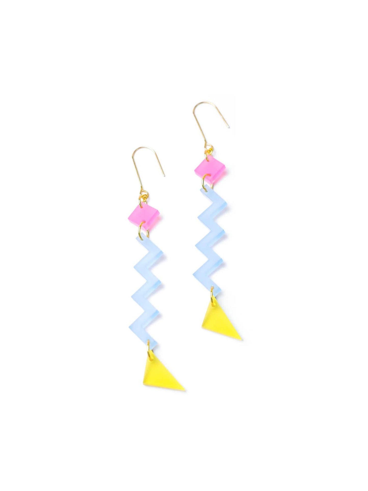 Pink–blue–yellow zig-zag earrings, retro, glossy, lightweight, geometric dangles on gold hooks #color_pink–blue–yellow
