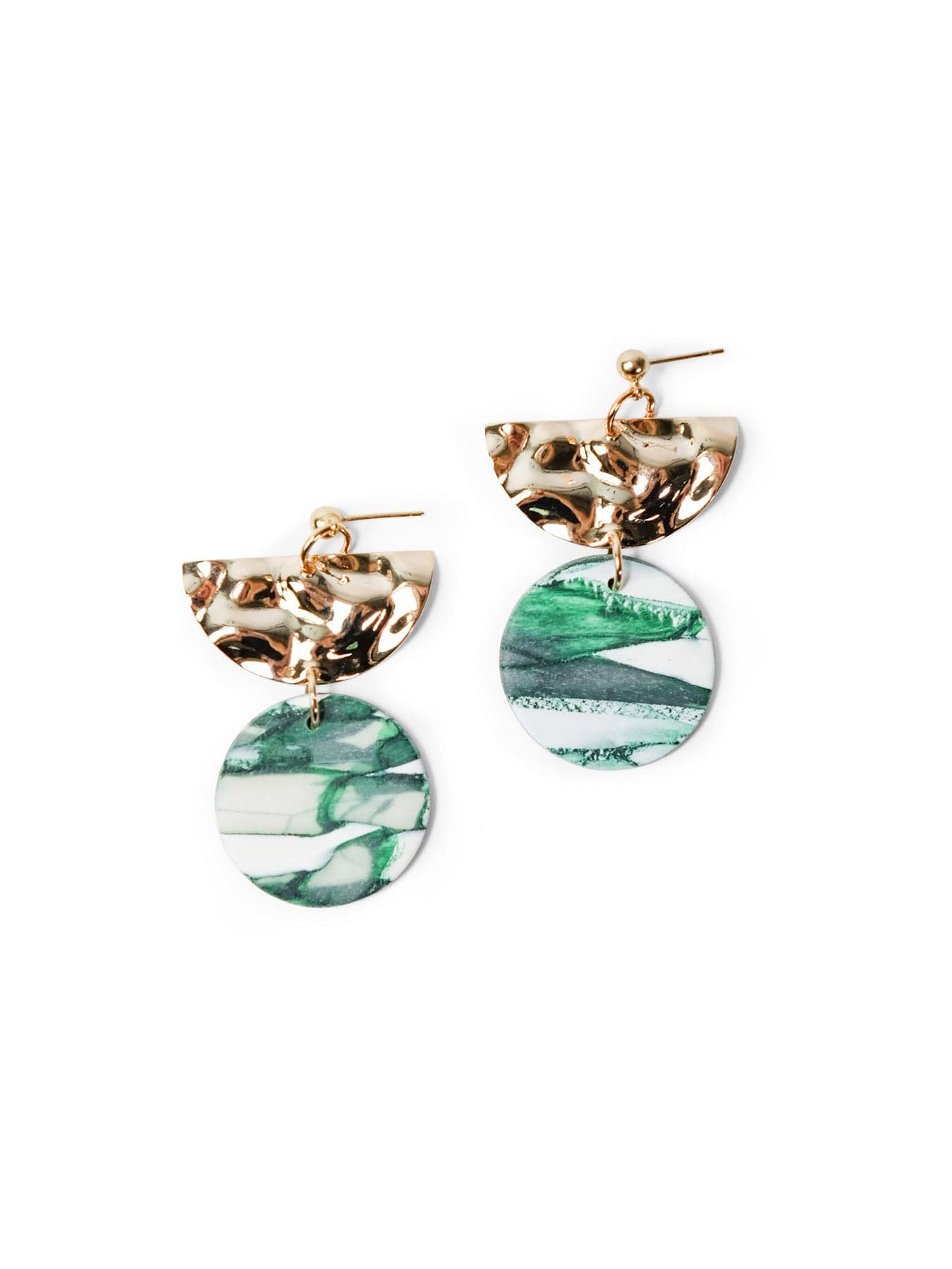 Mixed-metal marble drop earrings, sleek, reflective, bold, gold half-moon over green/white round #color_green-white