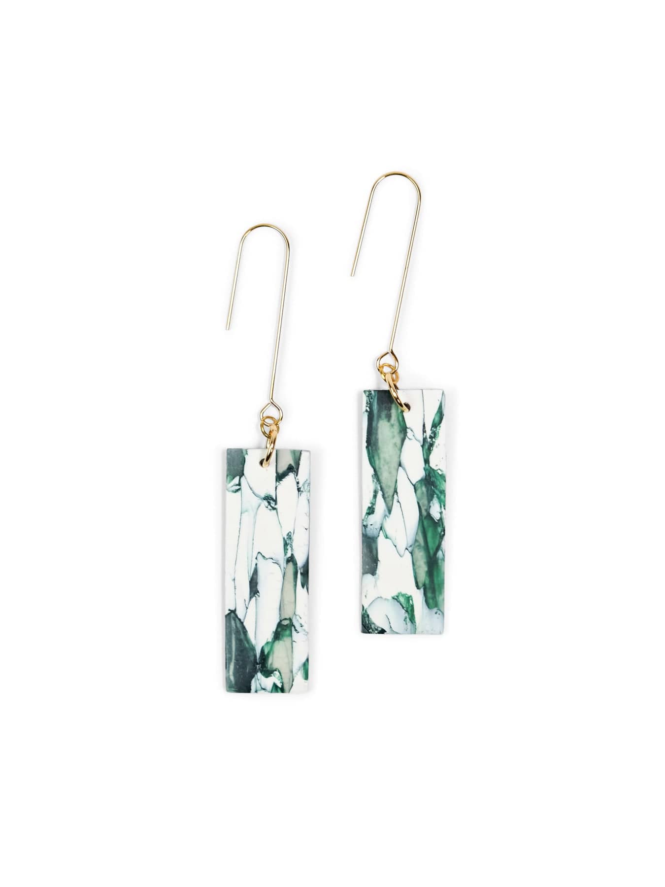 Green-and-white marble rectangle earrings, glossy, lightweight, minimalist, long gold ear wires #color_green-white