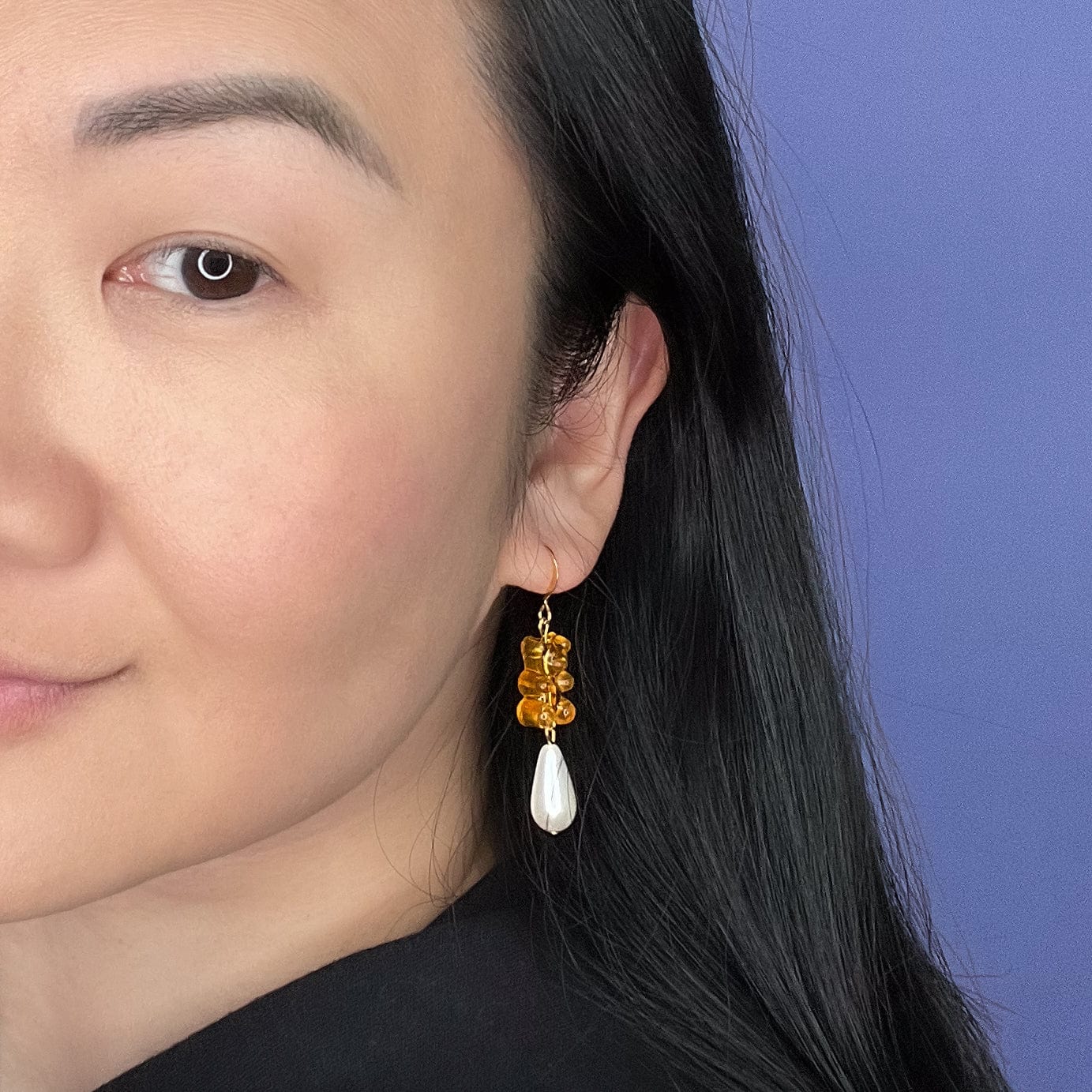 Nostalgic, cute and classy gummy bear dangly earrings with elegant pearl drops #color_orange