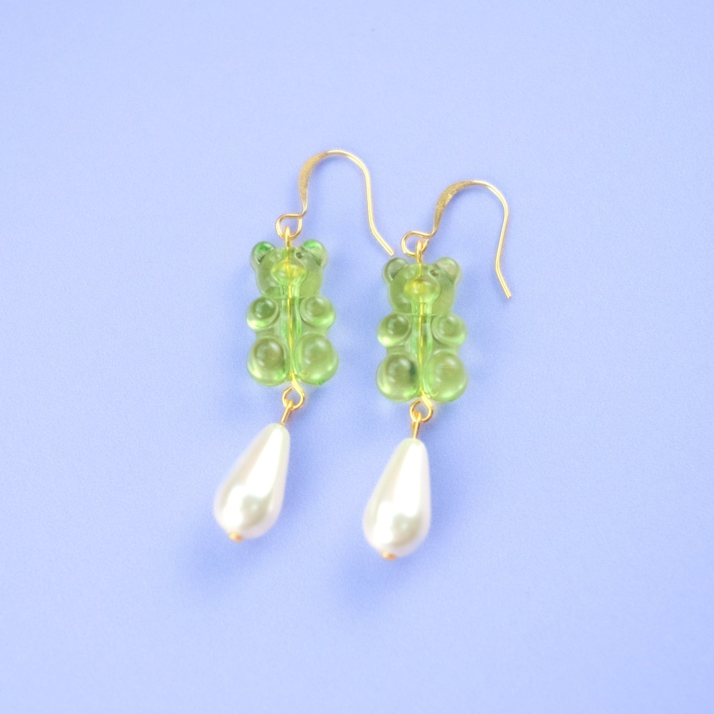 Nostalgic, cute and classy gummy bear dangly earrings with elegant pearl drops #color_lime-green