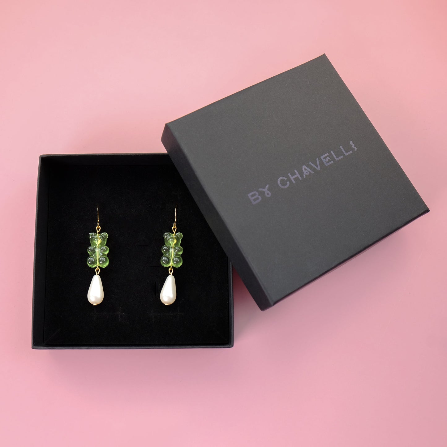 Nostalgic, cute and classy gummy bear dangly earrings with elegant pearl drops #color_lime-green