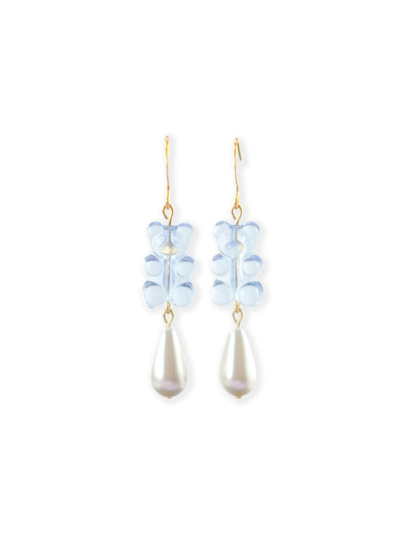 Baby blue gummy bear drop earrings with glossy ivory teardrop pearls and gold hooks, cute meets classic #color_baby_blue