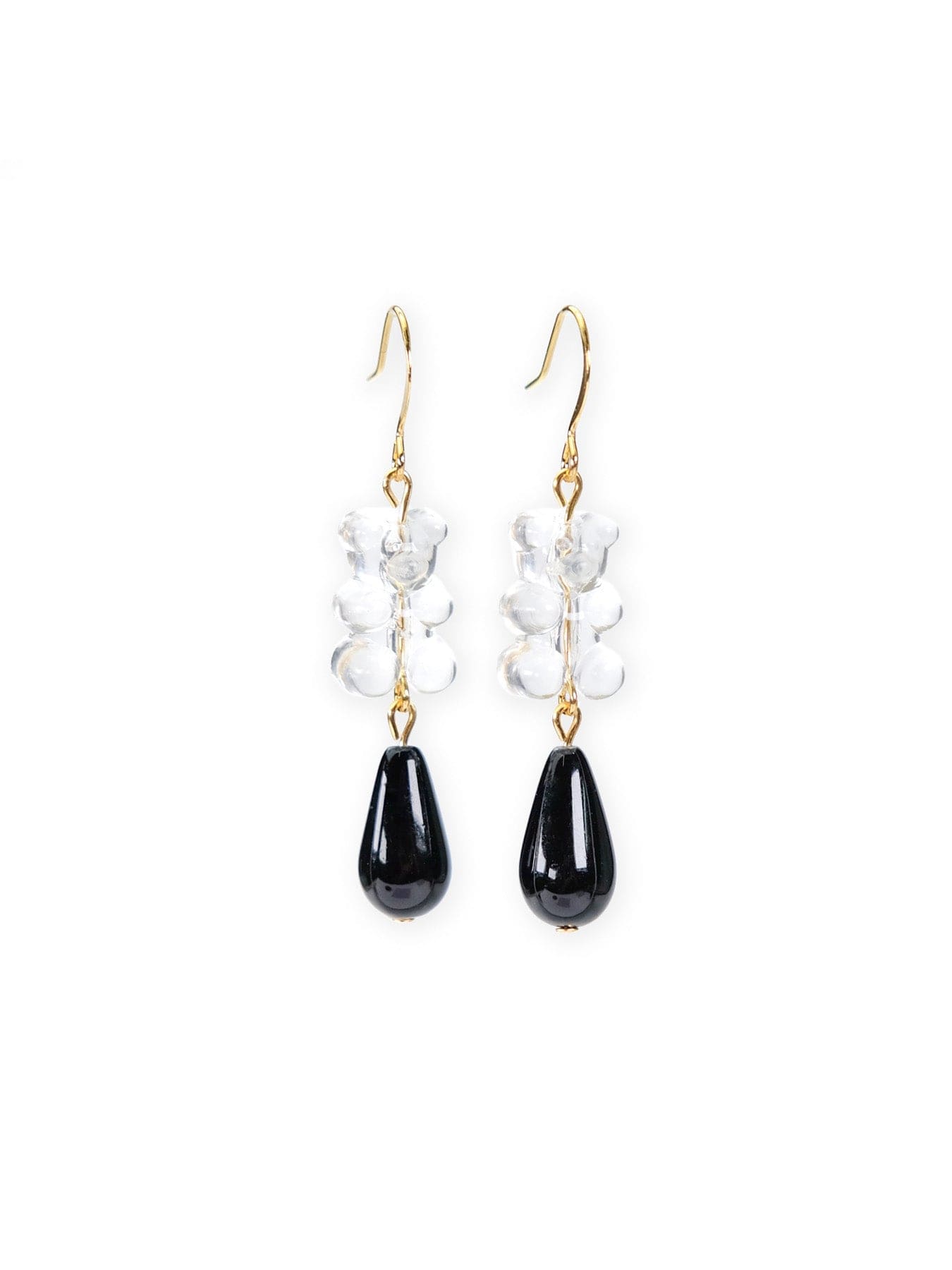 Clear gummy bear drop earrings, glossy jelly look, lightweight, finished with shiny black teardrop beads and gold hooks #color_clear-black