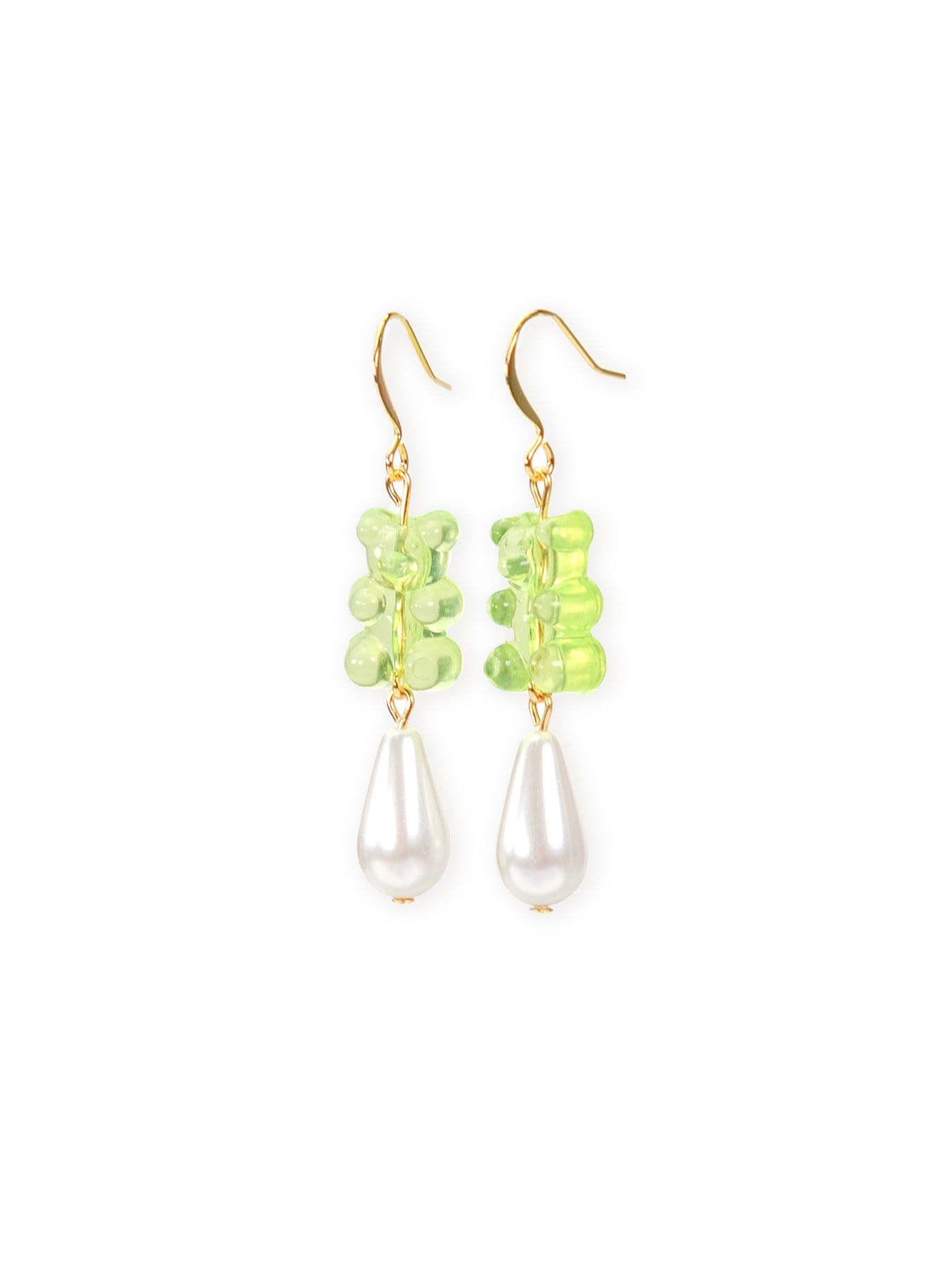 Lime green gummy bear earrings, glossy translucent charms with teardrop pearl drops on gold hooks #color_lime-green