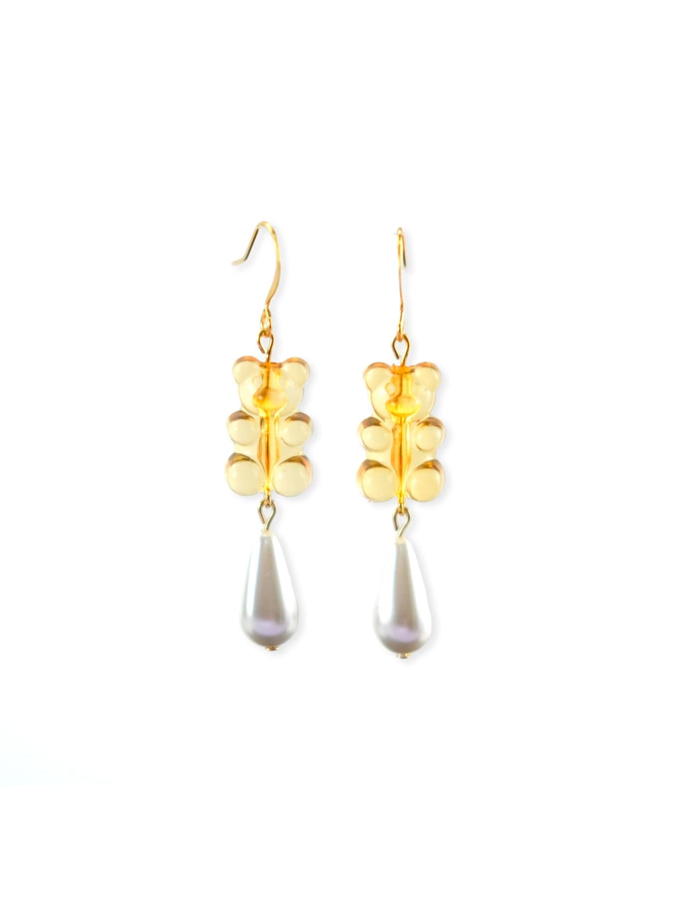 Orange gummy bear drop earrings, translucent, glossy, lightweight, teardrop pearl dangle on gold hooks #color_orange