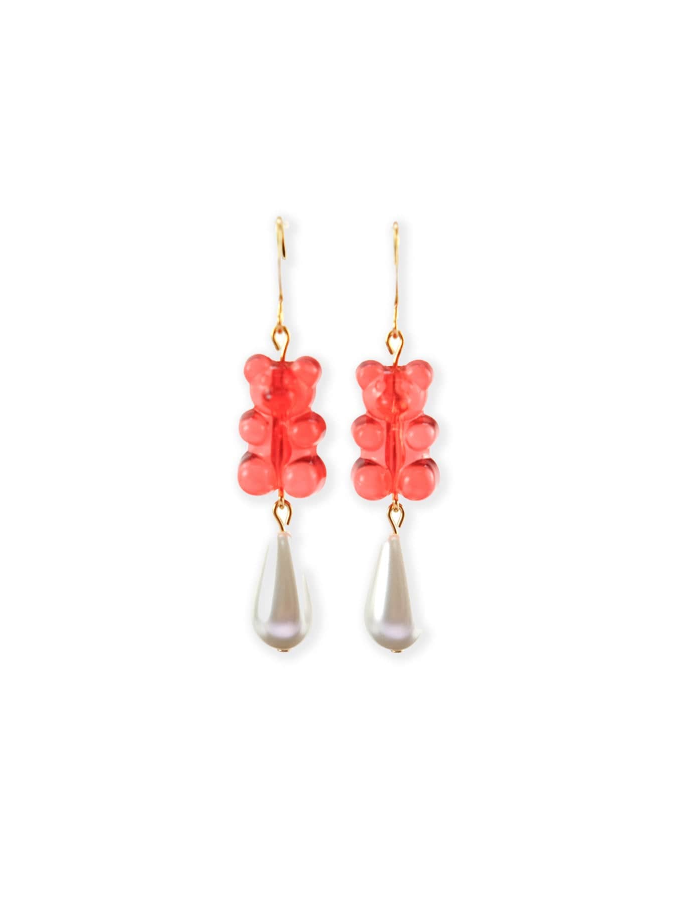 Red gummy bear drop earrings, translucent, glossy, lightweight, teardrop pearl dangle on gold hooks #color_red
