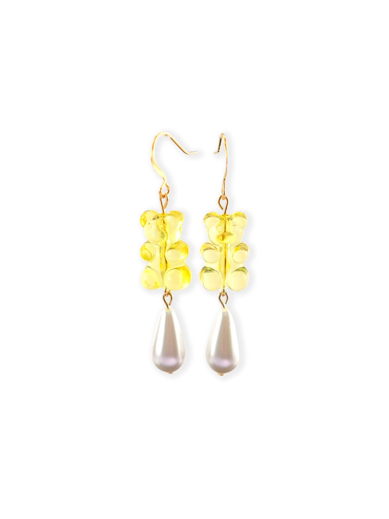 Yellow gummy bear charms meet gleaming teardrop pearls for a playful and polished mash up #color_yellow
