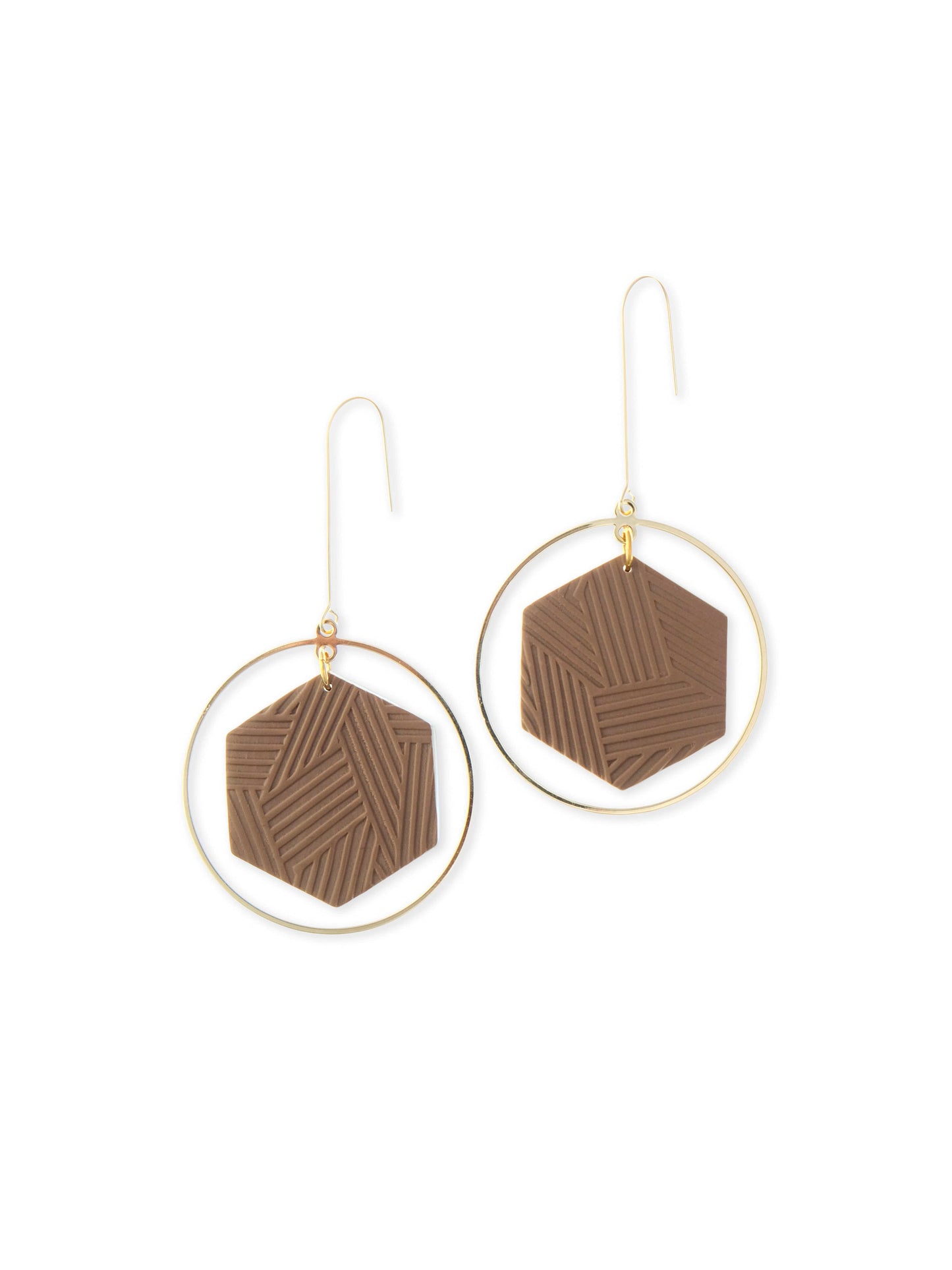 Mocha hex halo earrings, matte, lightweight, embossed hexagon floating in slim gold hoop on long ear wires #color_white-mocha