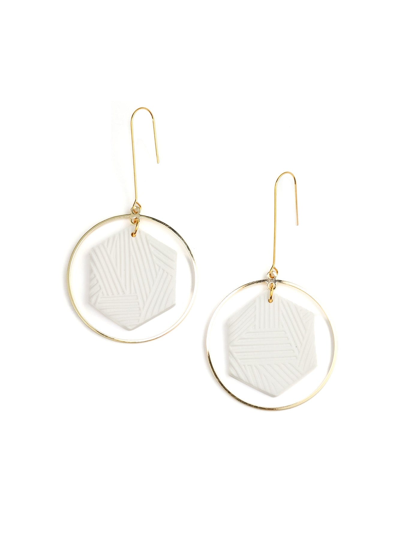 White hex halo earrings, matte, lightweight, embossed hexagon floating in slim gold hoop on long ear wires #color_white-gold