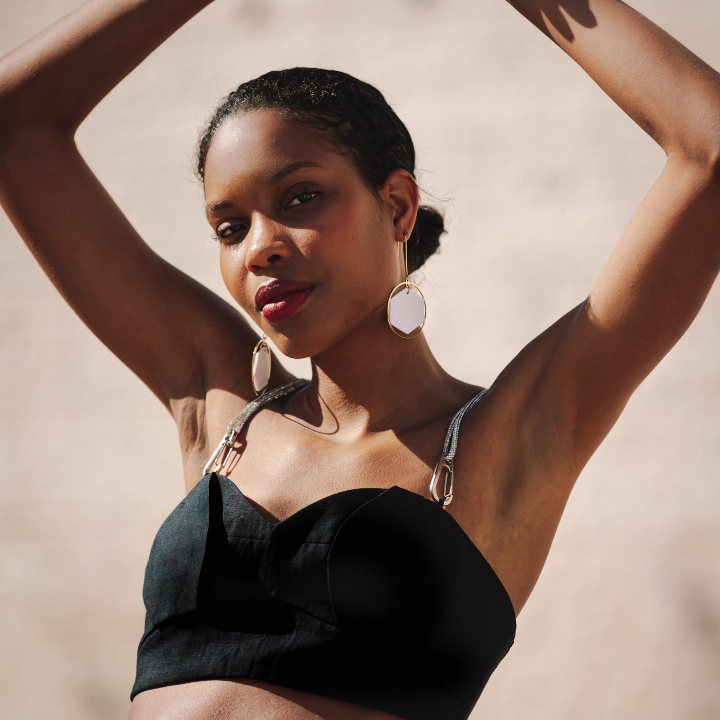 Hex Halo Dangly hexagon shaped elegant and lightweight white and gold earrings #color_white-textured-lines