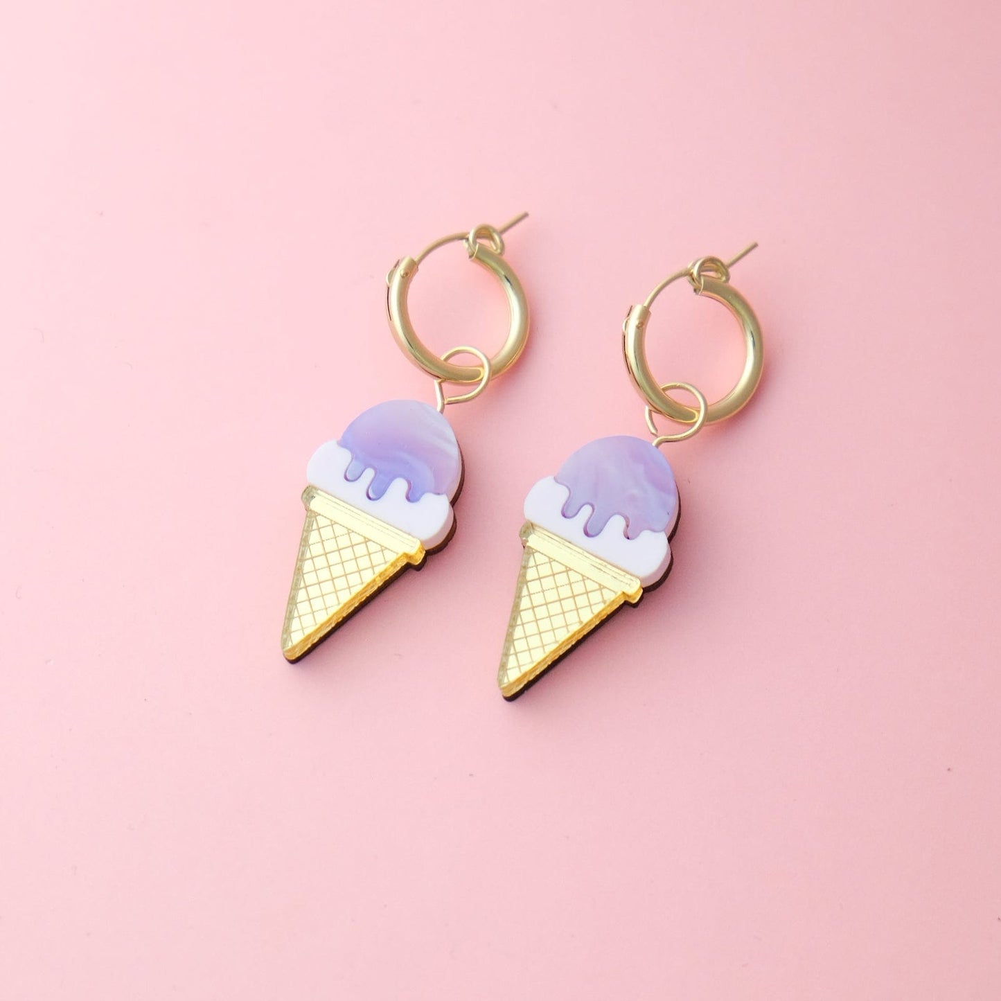 Ube ice cream cone hoop earrings by By Chavelli, featuring a dainty gold hoop with a cute acrylic ice cream cone charm in soft lavender purple #color_ube