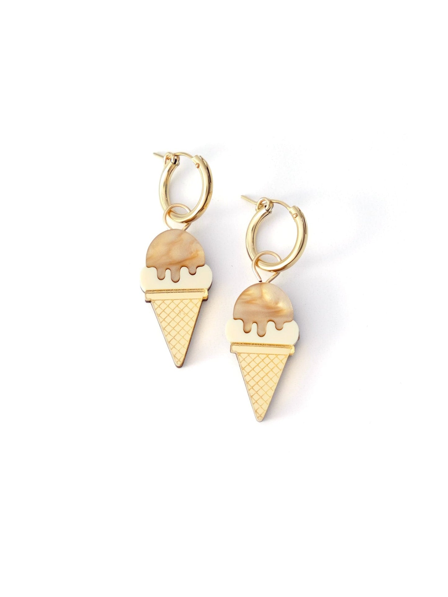 Mocha ice cream cone charm hoop earrings, glossy, lightweight, whimsical, waffle-cone motif on gold hoops #color_mocha