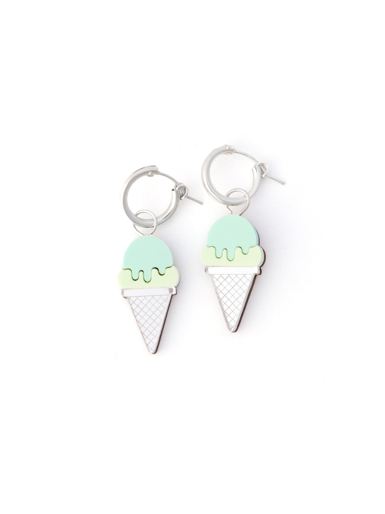 Pistachio ice cream cone charm hoop earrings, glossy, lightweight, whimsical, waffle-cone motif on silver hoops #color_pistachio-silver
