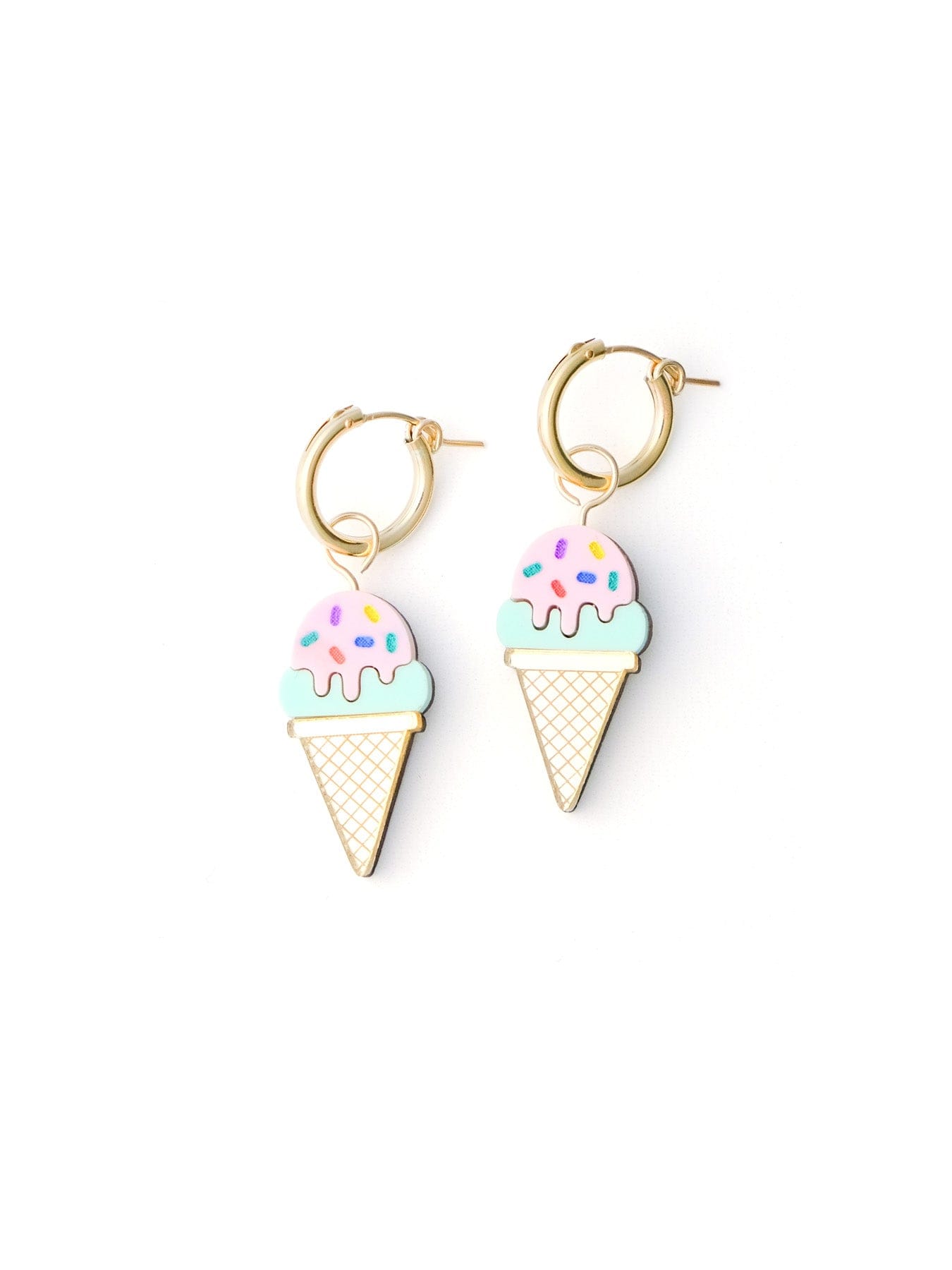 Gold hoops with pastel ice cream dangle charms, shiny, airy, waffle-cone motif, pink scoop with multicolor sprinkles over mint #color_pink-mint