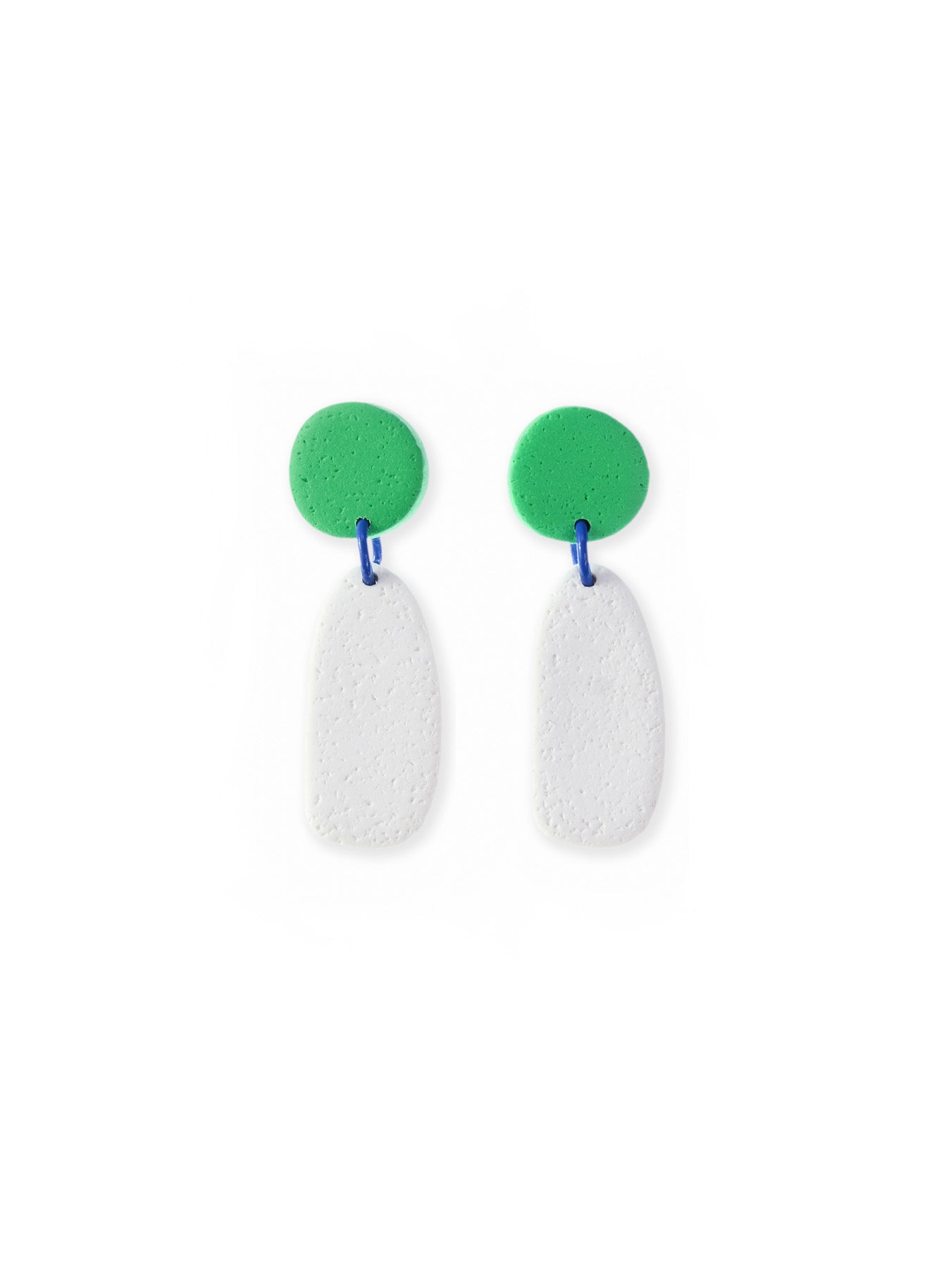Green & white pebble drop earrings, matte, lightweight, textured, two-piece linked by blue rings #color_green-white-blue