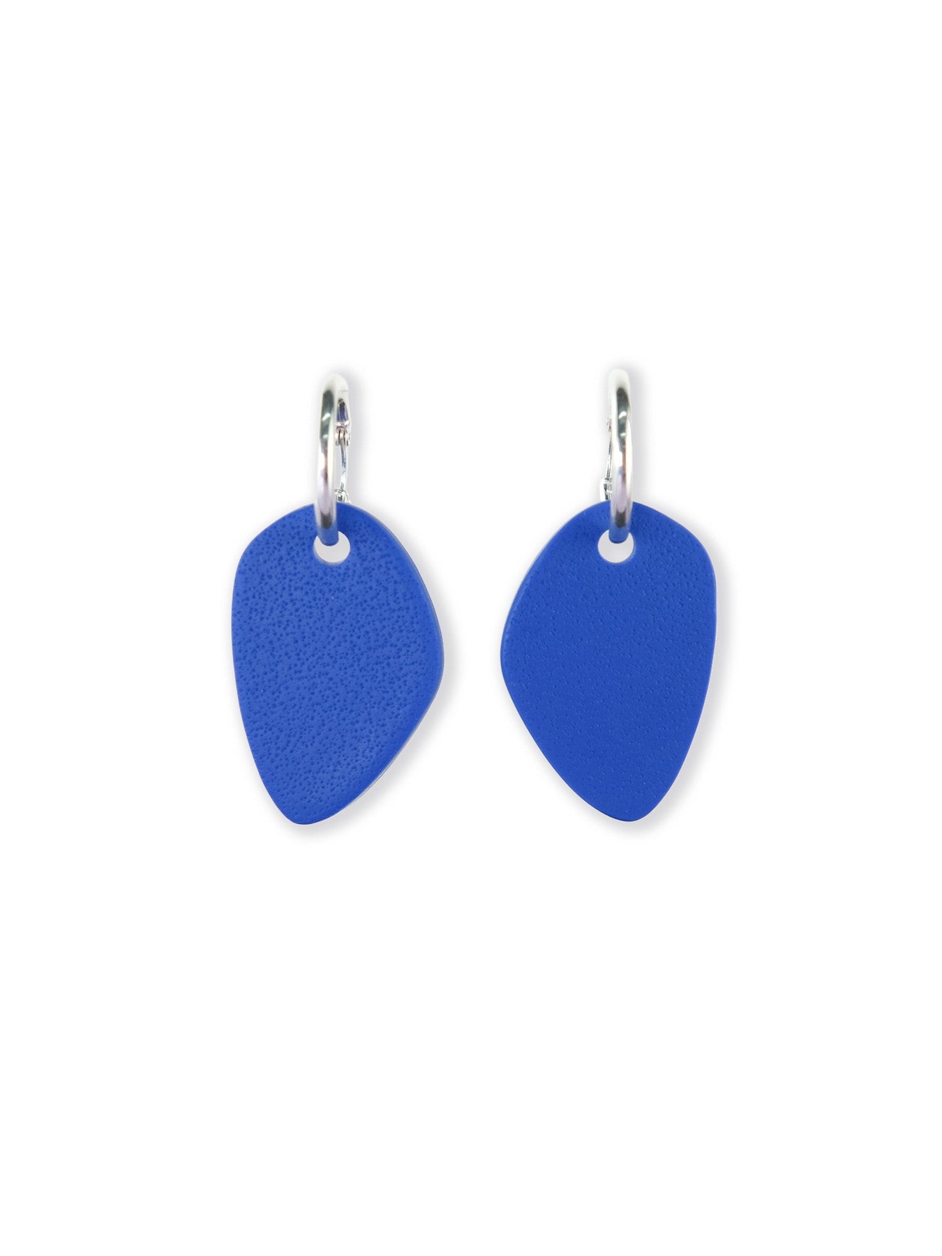 Blue modern-art drop hoop earrings, matte, lightweight, minimalist, irregular pebble charms on silver hoops #color_blue-silver
