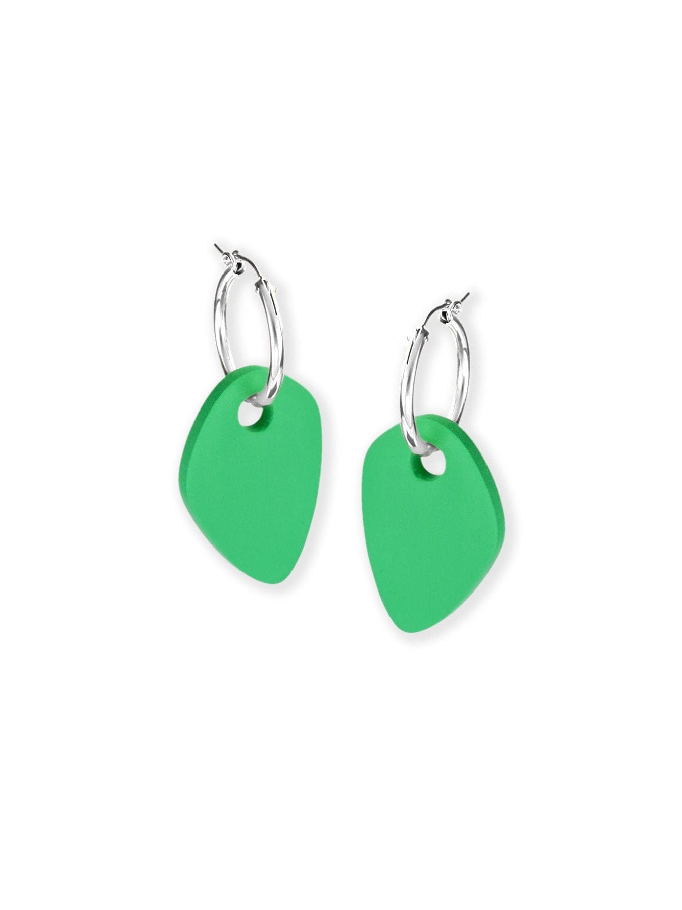 Bright green abstract drop earrings, satin-matte, airy, rounded triangular shape, small circular cutout on silver hoops #color_green