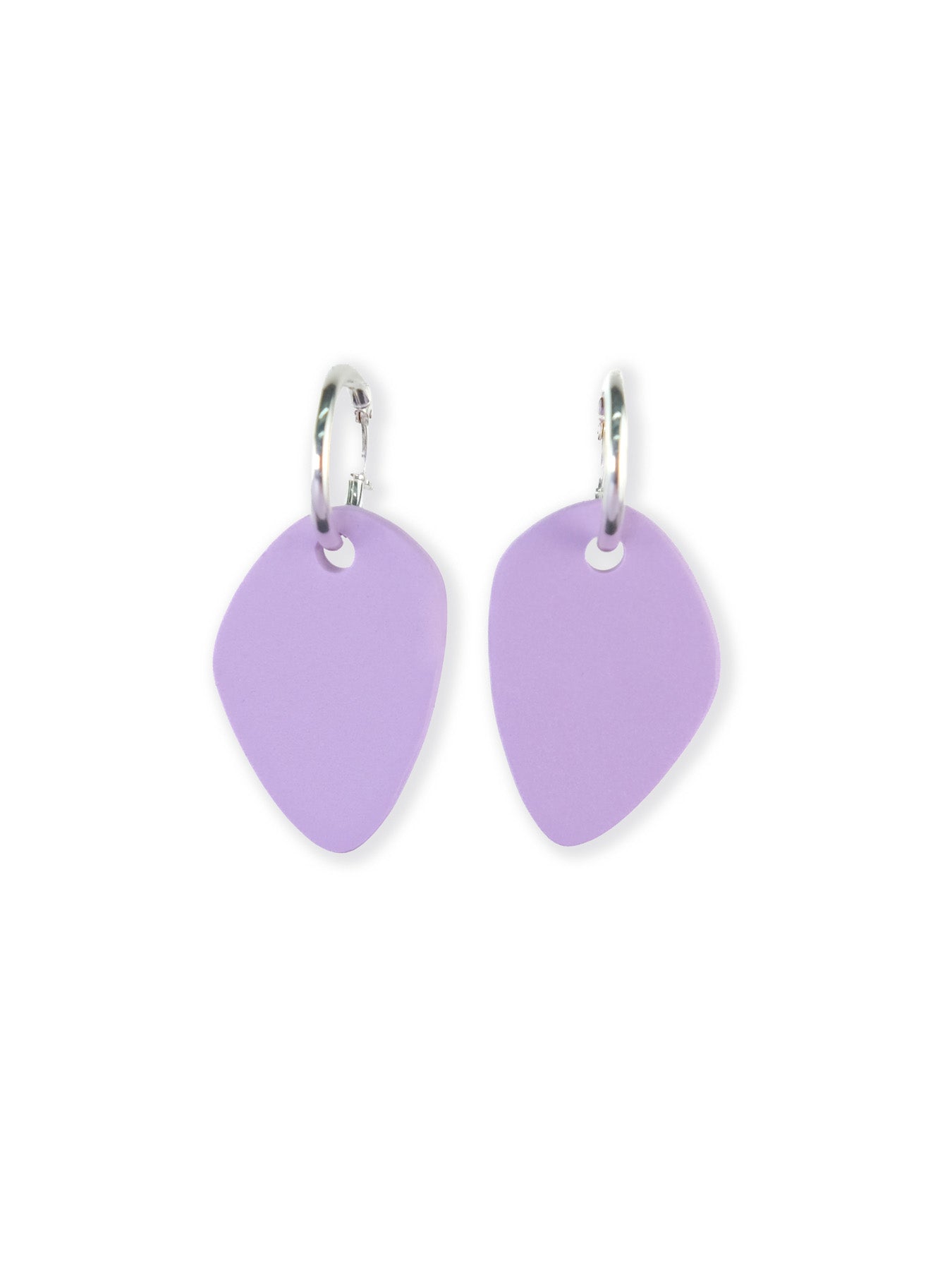 Modern lavender hoop earrings, matte acrylic, lightweight, sculpted pebble drops on silver hoops #color_lavender