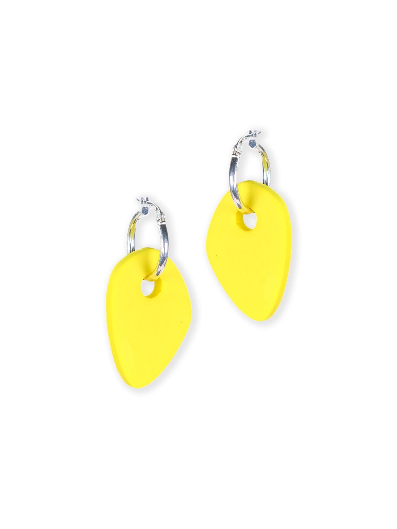 Bright neon yellow abstract drops, satin-matte, airy, rounded triangular shape with small cutout on silver hoops #color_neon-yellow