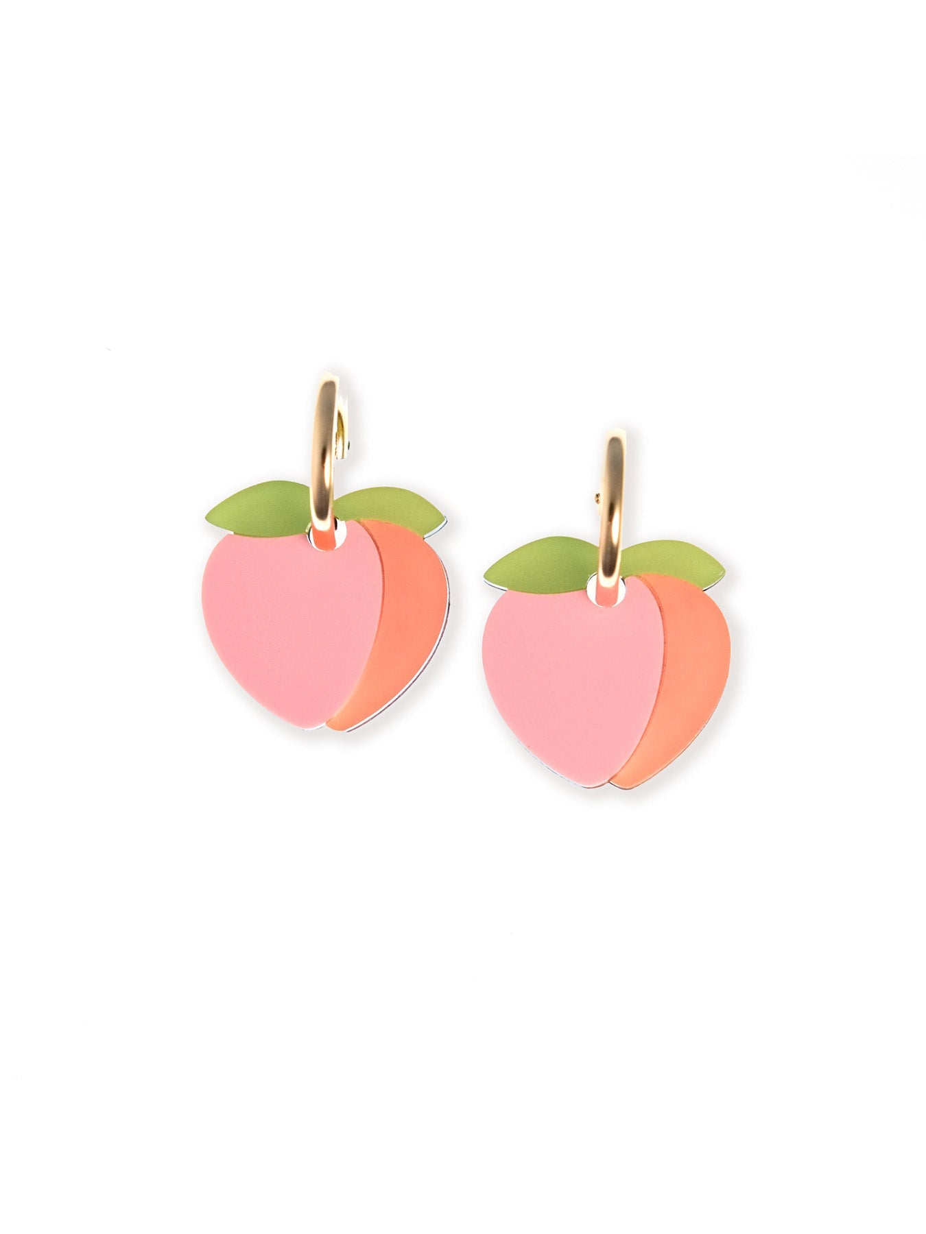 Peach fruit charm hoop earrings, glossy, lightweight, playful, pink–peach layers with green leaves on gold hoops #color_peach-green