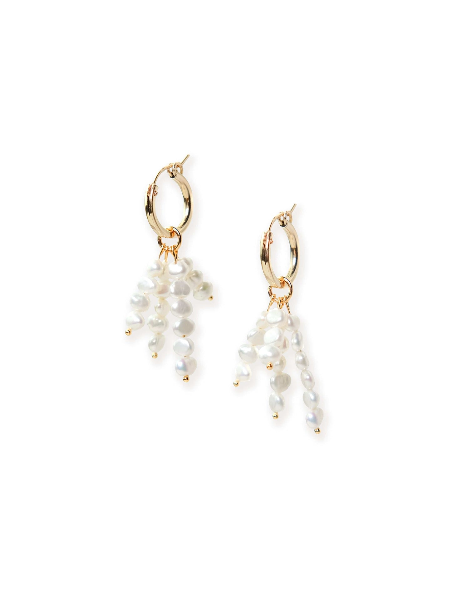 Pearl tassel charm hoop earrings, polished gold, lightweight, textured, dangling strands #color_gold-white