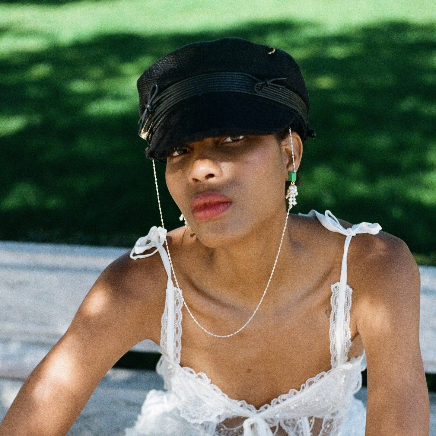 Elegant and fun pearl tassel dangly earrings with a pop of green and 14k gold-filled posts #color_green