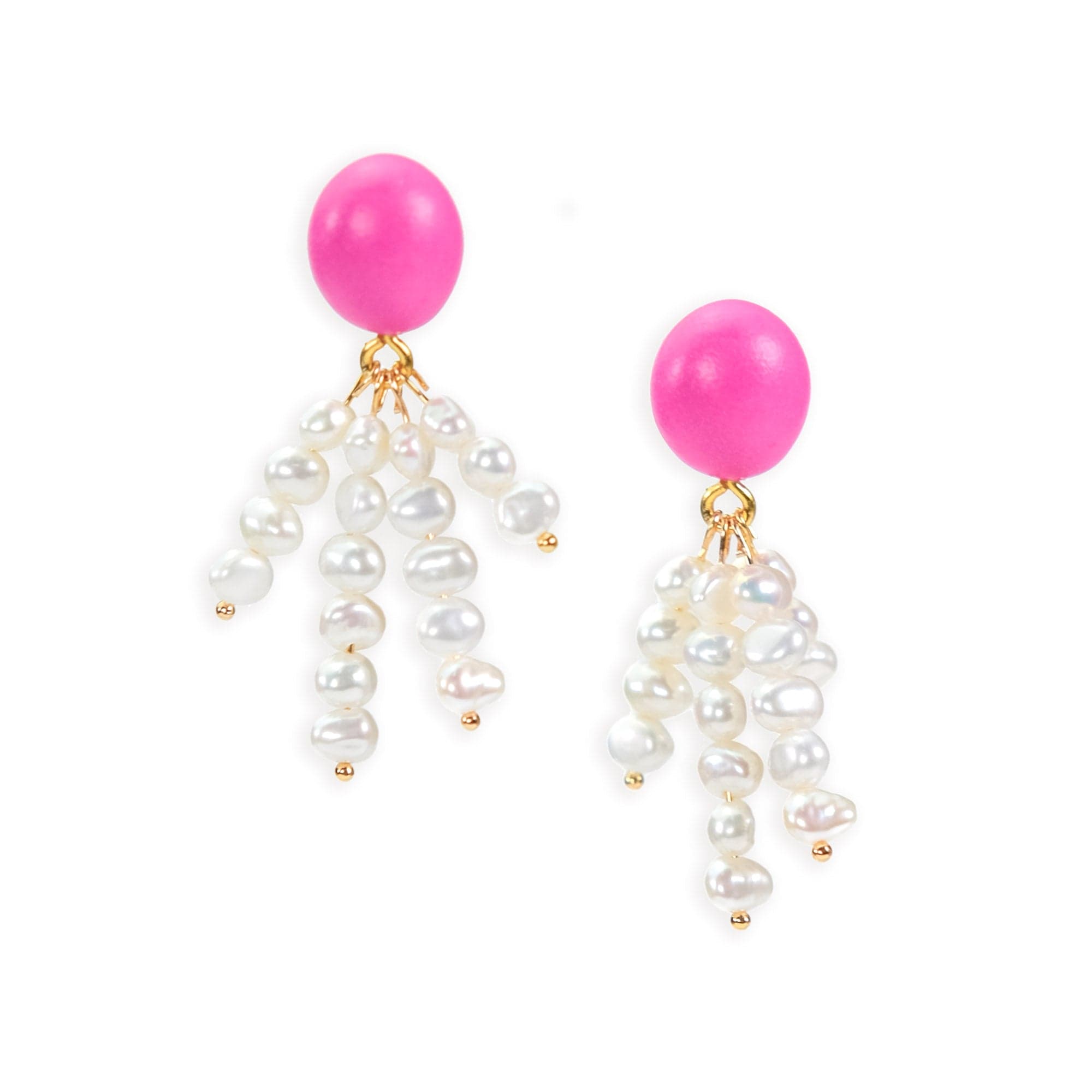 Elegant and fun pearl tassel dangly earrings with a pop of hot pink and 14k gold-filled posts #color_pink
