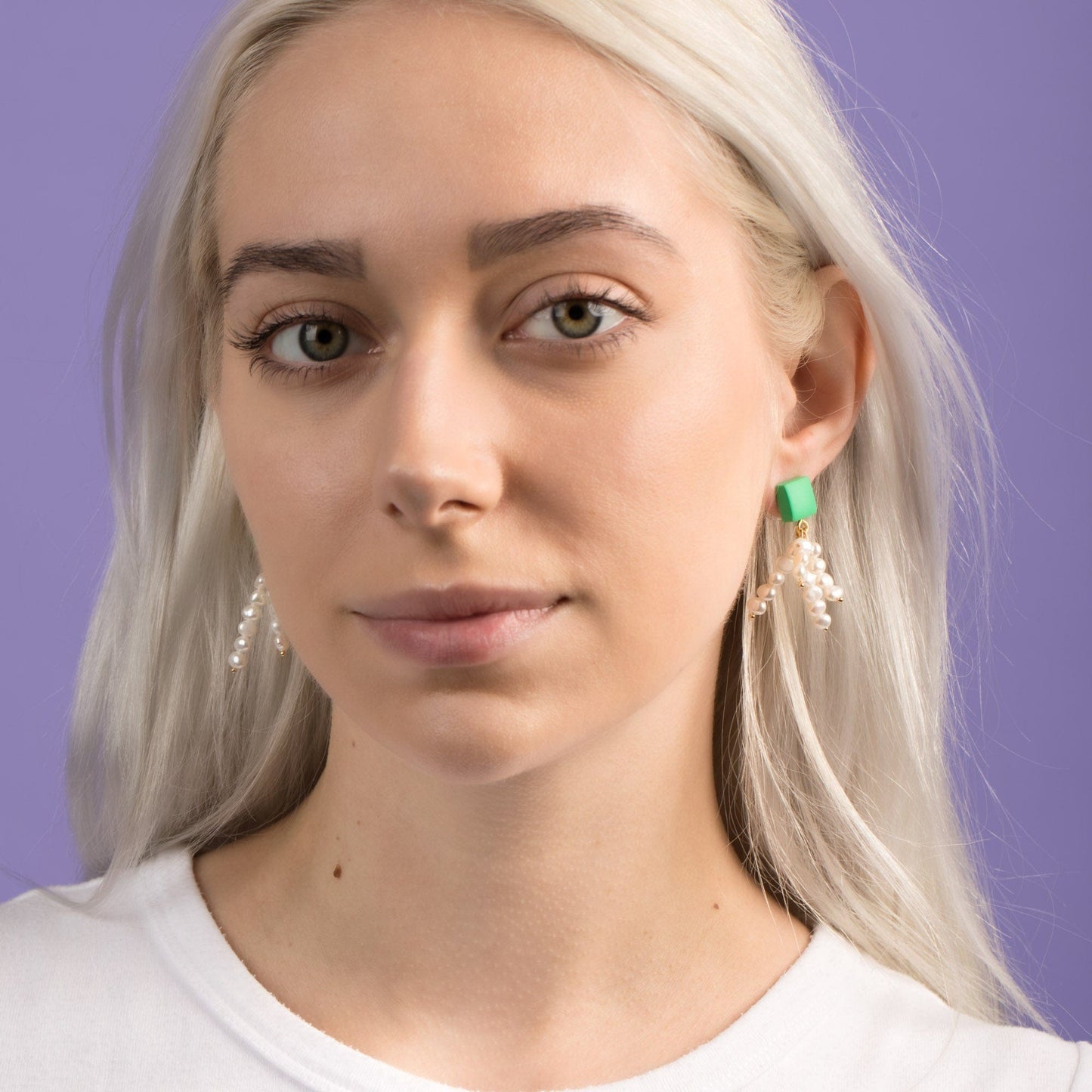 Elegant and fun pearl tassel dangly earrings with a pop of green and 14k gold-filled posts #color_green