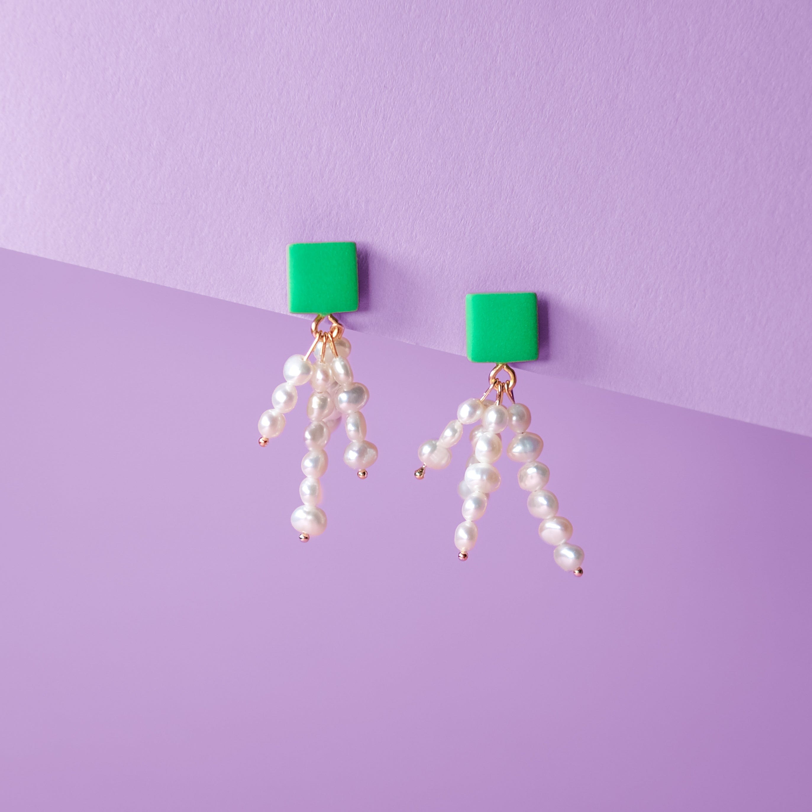 Elegant and fun pearl tassel dangly earrings with a pop of green and 14k gold-filled posts #color_green